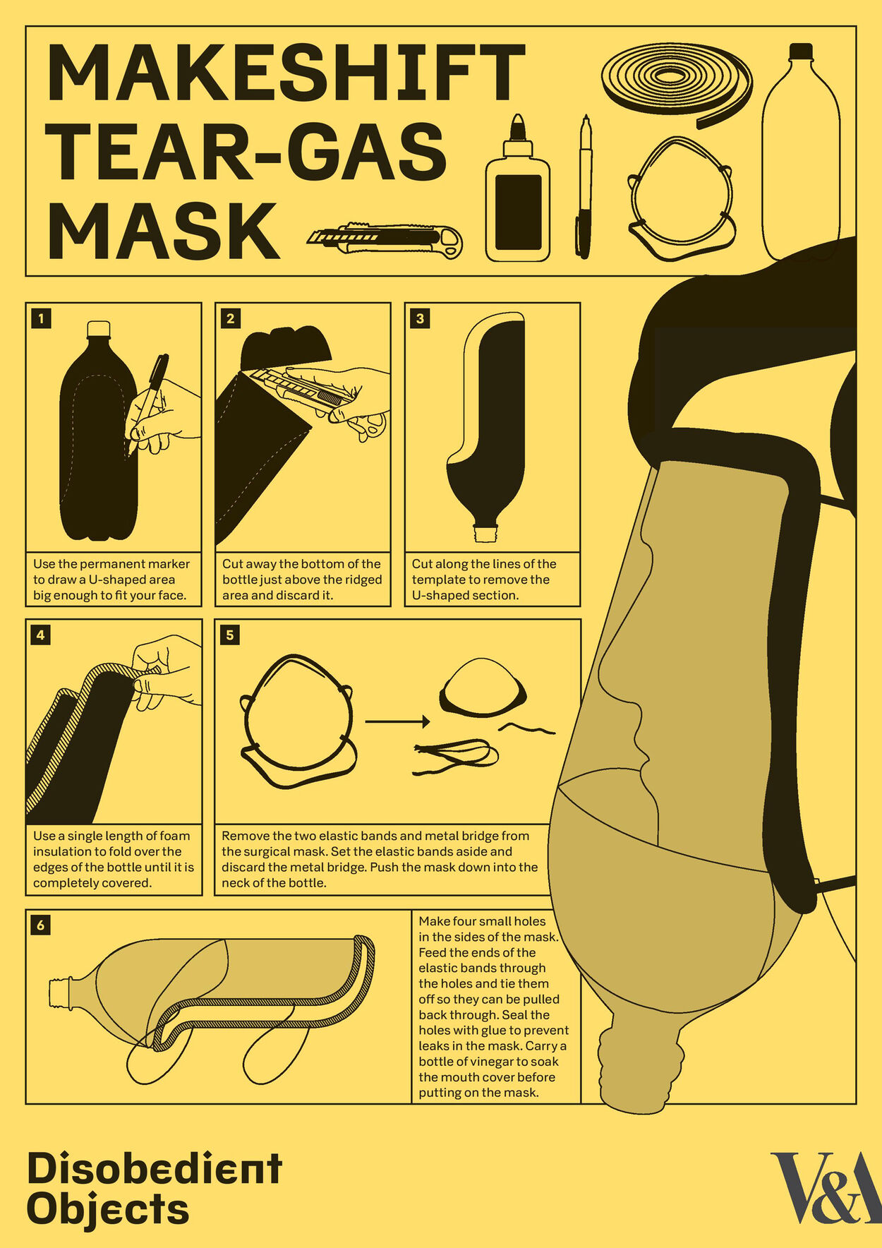 How to Guide: Makeshift Tear-Gas Mask. Illustrated by Marwan Kaabour, at Barnbrook; from Disobedient Objects exhibition, Victoria and Albert Museum, London, 2014.