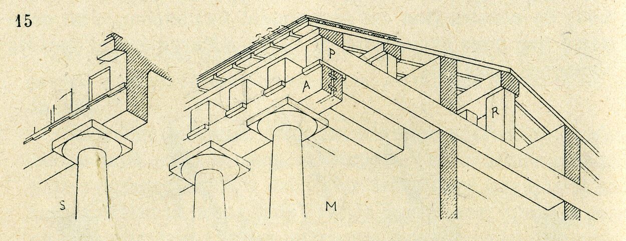 [a] The Municipality Building, Kranj, Miran Kambič
[b] The Municipality Building, under construction
[c] The Municipality Building, detail, photo Miran Kambič
[d] From Auguste Choisy. Historie de l‘ architecture. p. 280
[e] The Municipality Building, photo Janez Kališnik