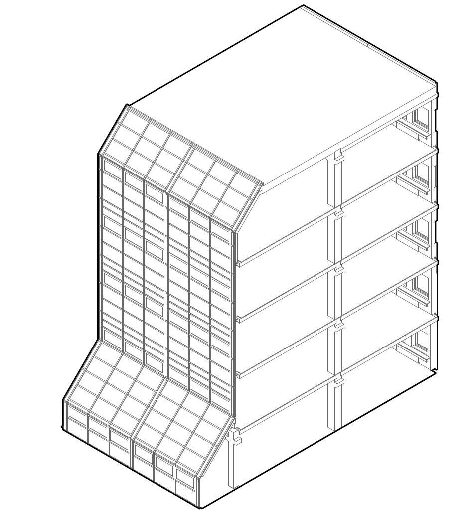 Left: Nauticon’s characteristic Y-shaped volumes forming inner courtyards that are facing towards the water basins of the harbour. © Magnus Baarup Noe, Carl Emil Haslev and Mads Christian Hvidberg. Right: Section of the building volume’s 5 floors, highlighting the two different facades and the row of columns © Mads Buus Sørensen and Sylvester Bajda.
