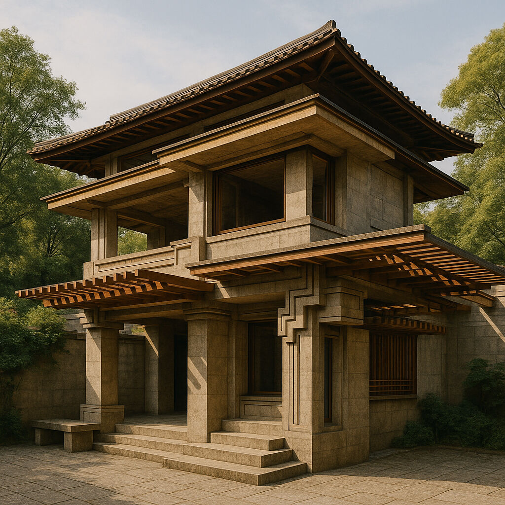 Chat GPT-generated Image 2/3.
Prompt 2: This is very monolithic, please add a few overhangs, a wood trellis, and a more proper, distinguished roof structure please.