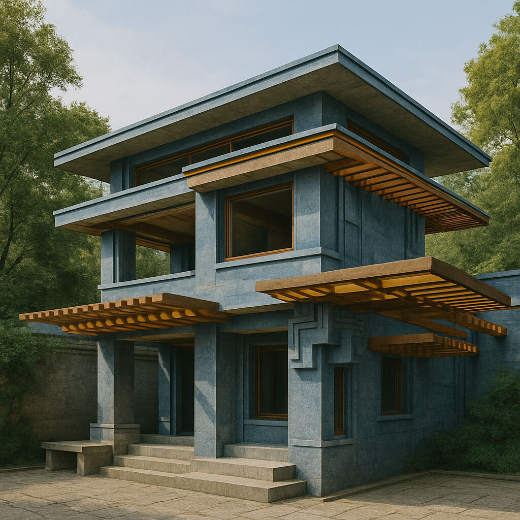 Chat GPT-generated Image 3/3.
Prompt 3: This looks too much like it was borrowed from Japanese architecture. Could you please keep the roof lines straight and more modern? Also add some color (blue) to the building? 