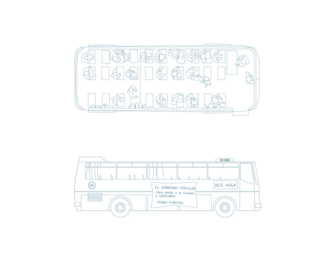 Drawing of one of the buses refurbished as classrooms based on photographs.
