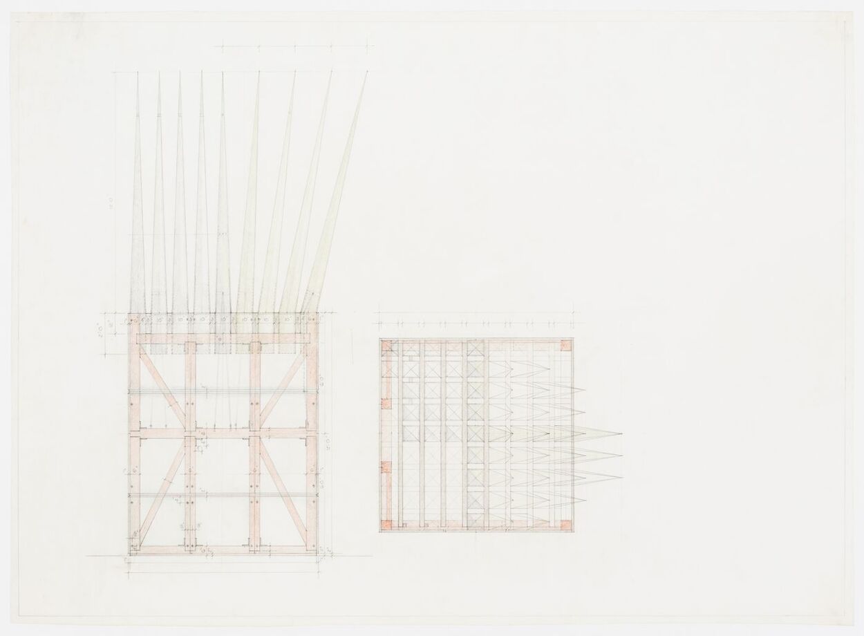 John Hejduk, Lancaster/Hanover Masque: Elevation and plan for The House of the Suicide (1979-1983), Pencil and colored pencil on vellum, 59 x 81 cm, Canadian Centre for Architecture