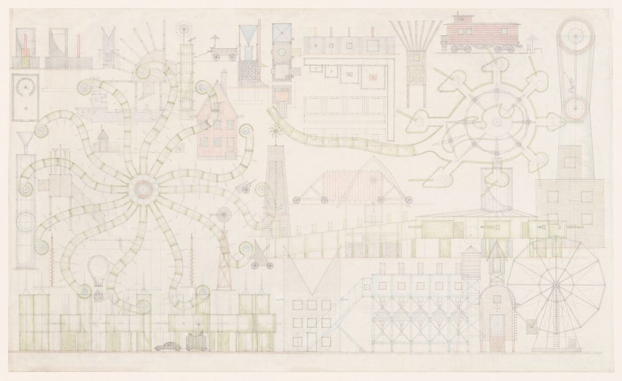 John Hejduk, Lancaster/Hanover Masque: Presentation drawing for the Lancaster/Hanover Masque (1980-1982), Pencil and colored pencil on vellum, 106.9 x 170.1 cm, Canadian Centre for Architecture
