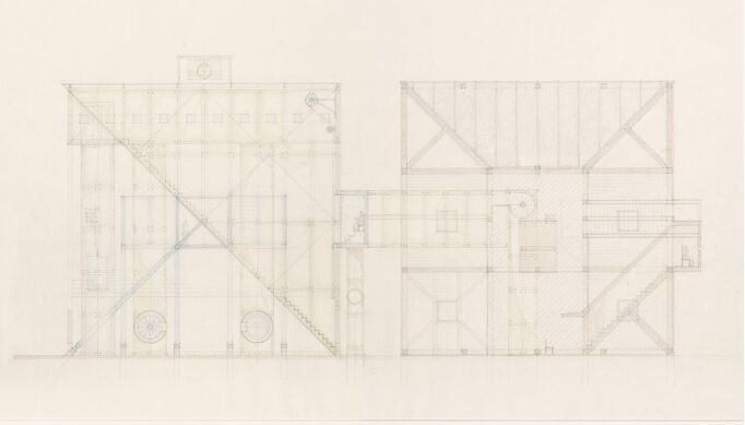 John Hejduk, Lancaster/Hanover Masque: Court House and Prison House (1980-1982), Pencil and colored pencil on vellum, detail, Canadian Centre for Architecture