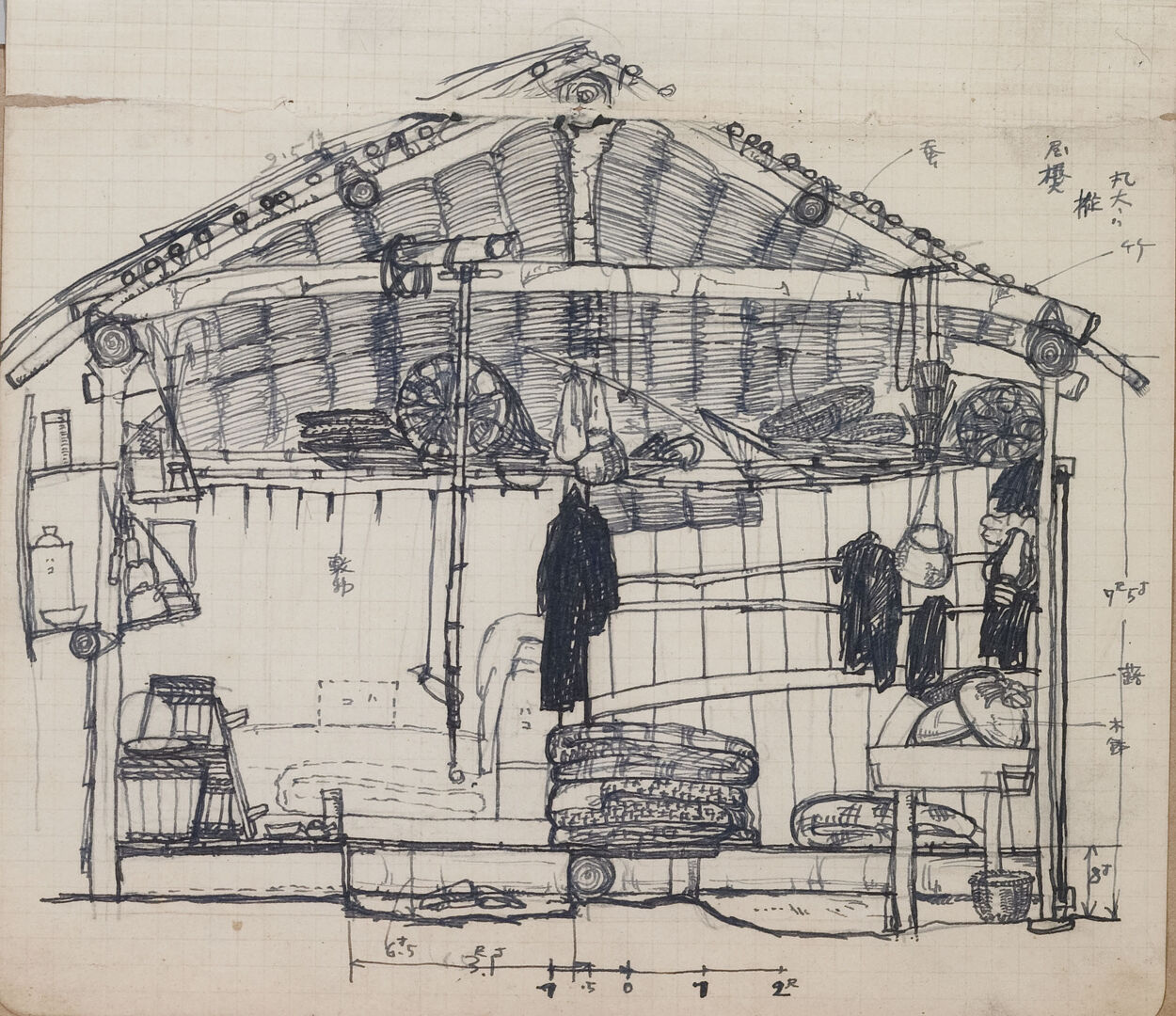 Wajiro Kon: Interior of a hut, Kanmuri-Iwa, Urayama mura, Chichibu district, Saitama prefecture, 1925. 
Source: Kogakuin University.