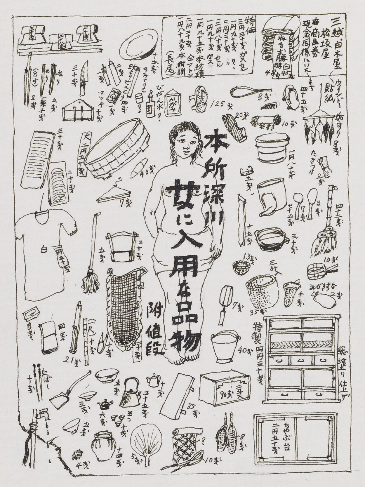 Wajiro Kon: Comprehensive illustration of items needed by a woman in Fukagawa, 1925.
Source: Kogakuin University