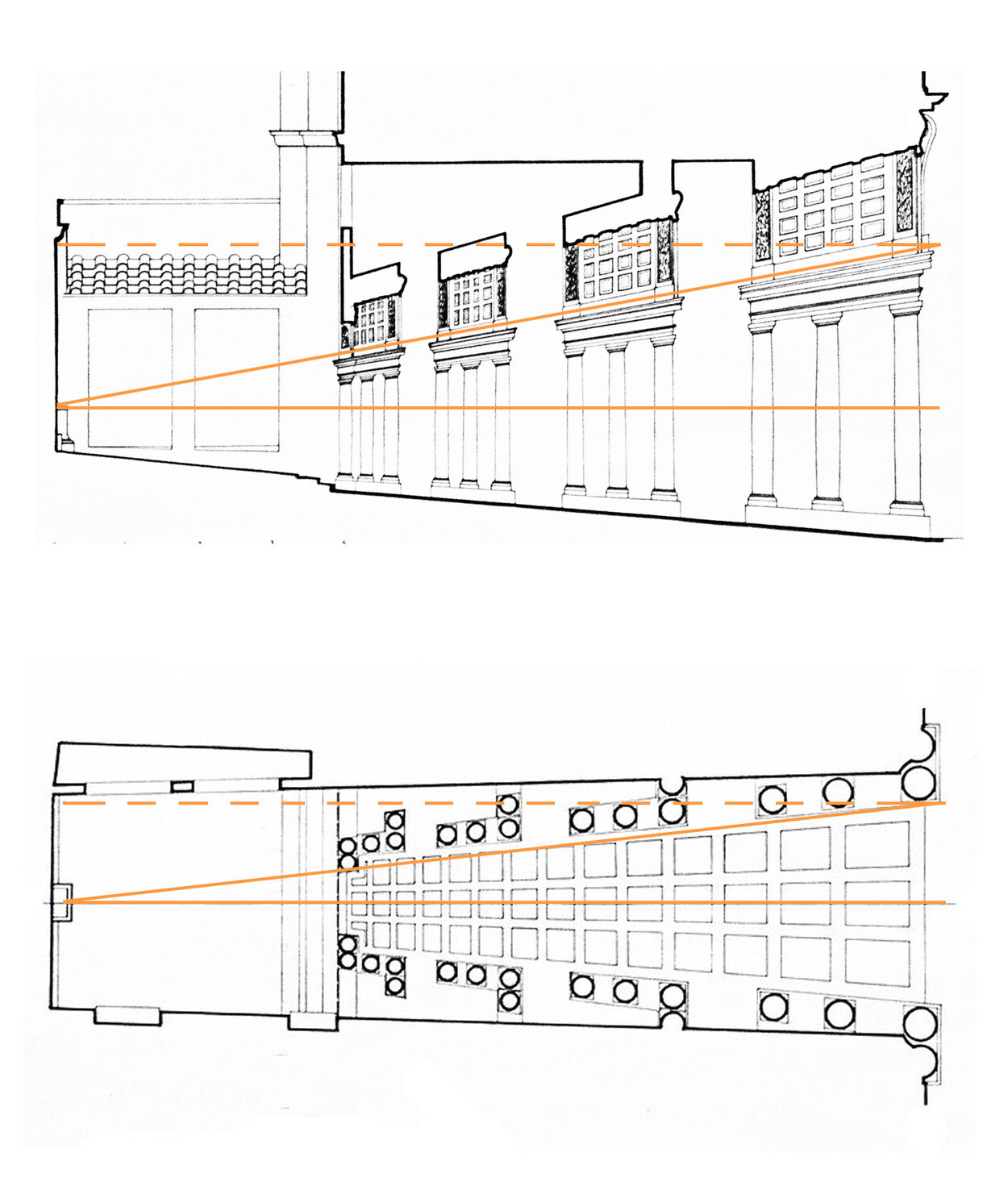 Palazzo Spada, section along the gallery axis showing perceived space in dashed lines.