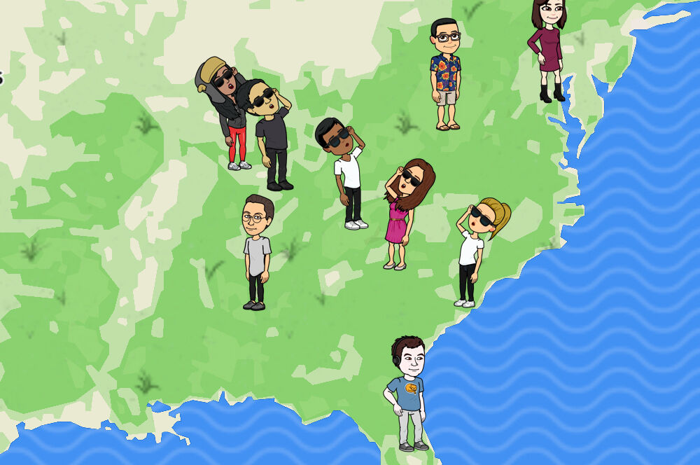 Bitmoji avatars positioned geographically and their Snapchat appearance modified accordingly to reflect a solar eclipse in 2017. Image: Alex Heath/Business Insider/Snapchat. 