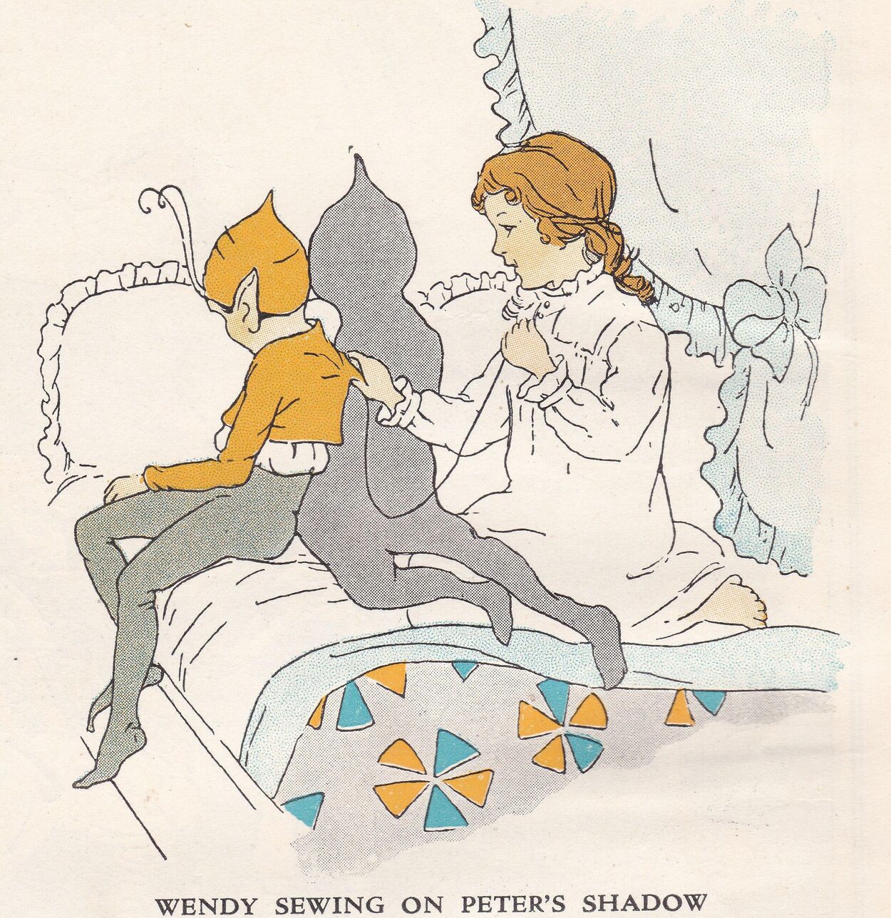 Vintage illustration of Peter Pan Story - Wendy Sewing on Peter's Shadow. Image: Michelle Bridges / Alamy Stock Photo