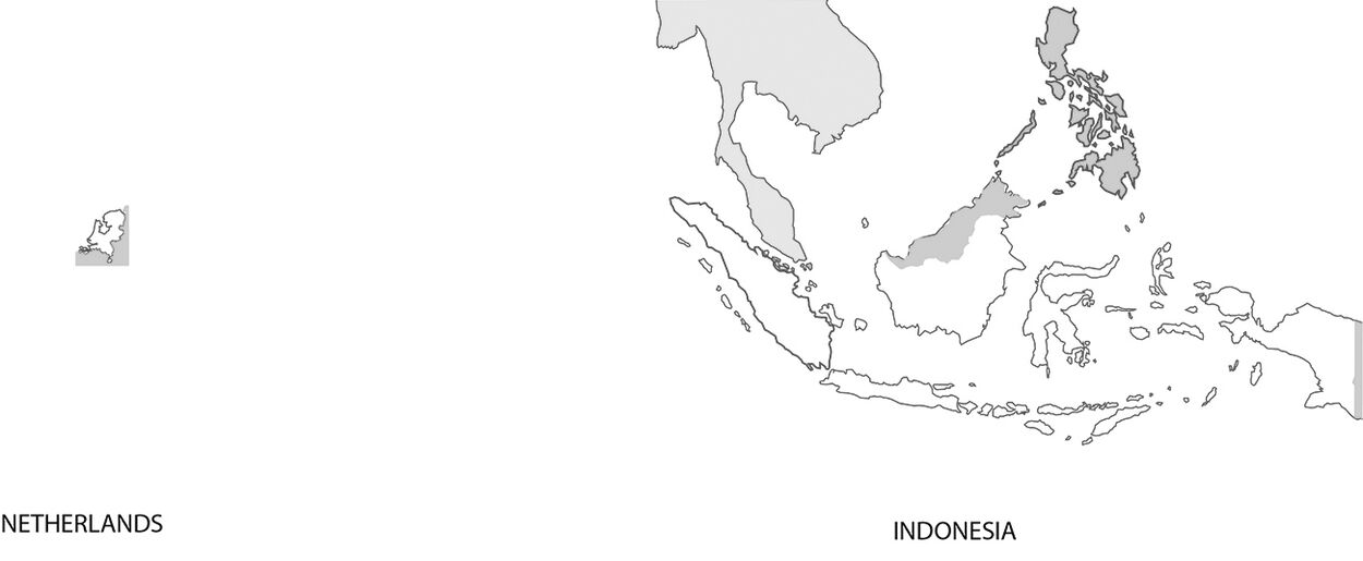 Comparison between the area of the Netherlands (left: white area) and the Malay Archipelago (right: white area). Source: Author. 
