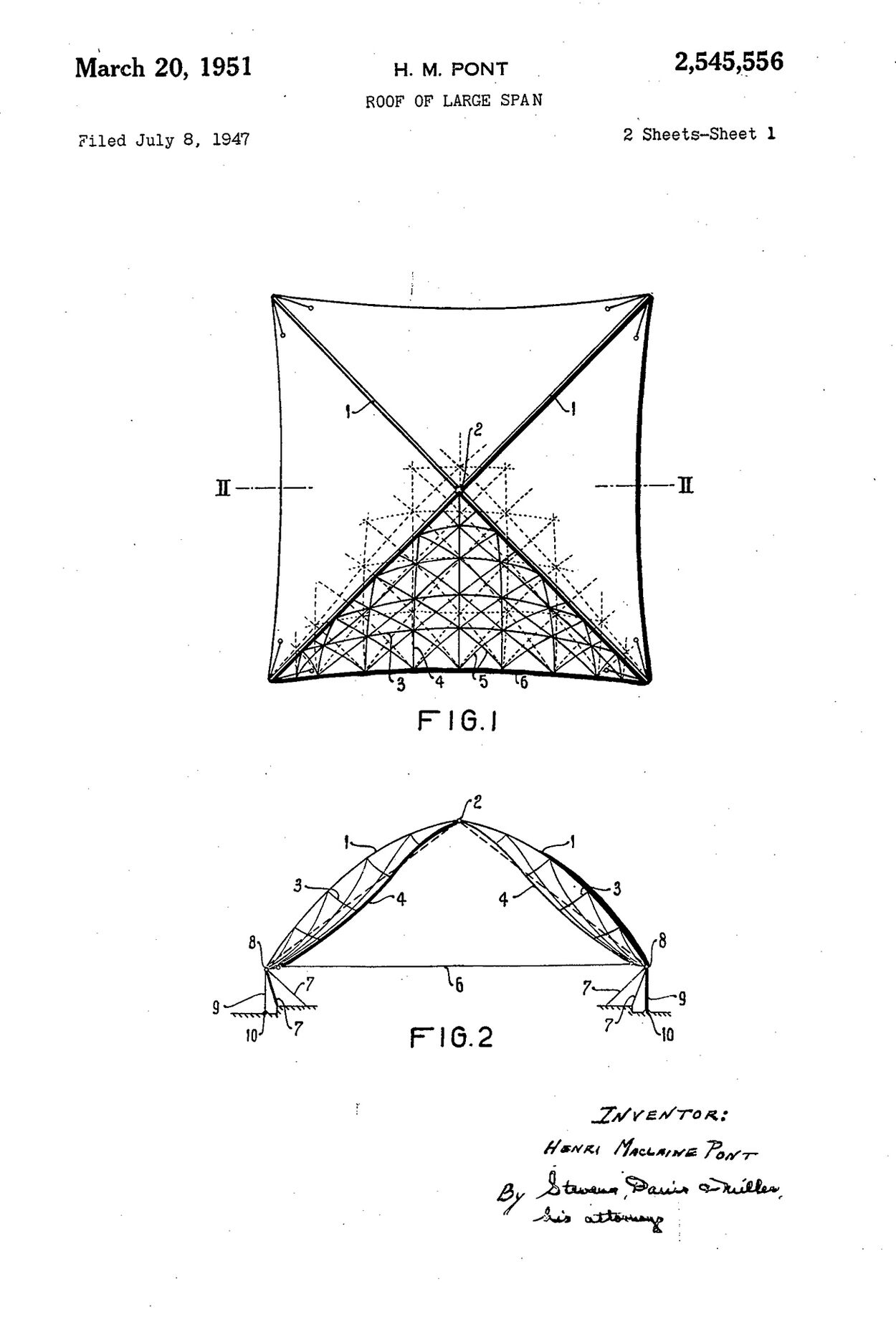 (Left) Pont’s patented detail for Large span roof structure. (right) Pont’s patent for Building structure. Source: Pont, Henri Maclaine. “Roof of Large Span.” edited by United States Patent Office. US, 1951. &amp; Pont, Henri Maclaine. “Building Structures.” edited by United States Patent Office. US 1955.