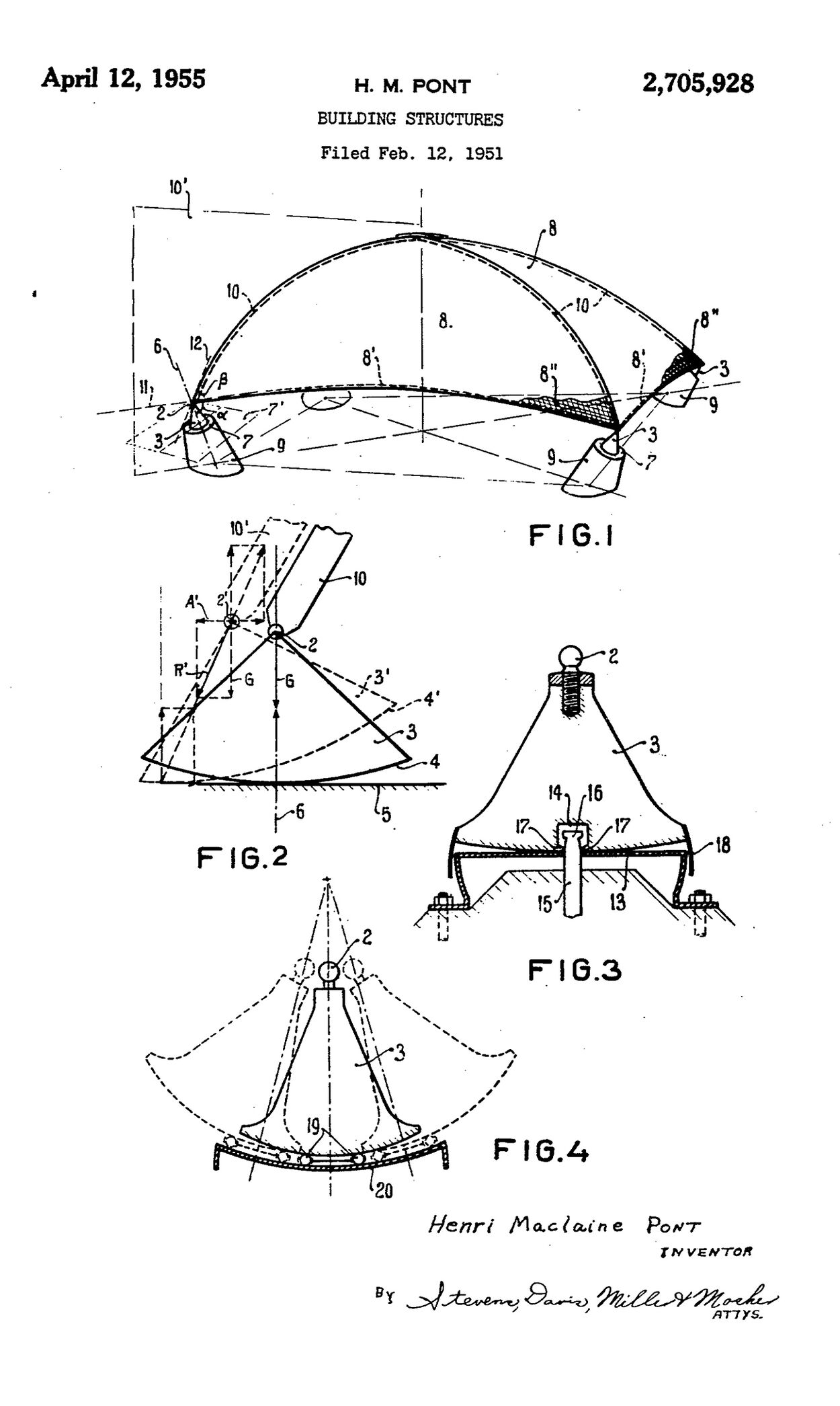 (Left) Pont’s patented detail for Large span roof structure. (right) Pont’s patent for Building structure. Source: Pont, Henri Maclaine. “Roof of Large Span.” edited by United States Patent Office. US, 1951. &amp; Pont, Henri Maclaine. “Building Structures.” edited by United States Patent Office. US 1955.
