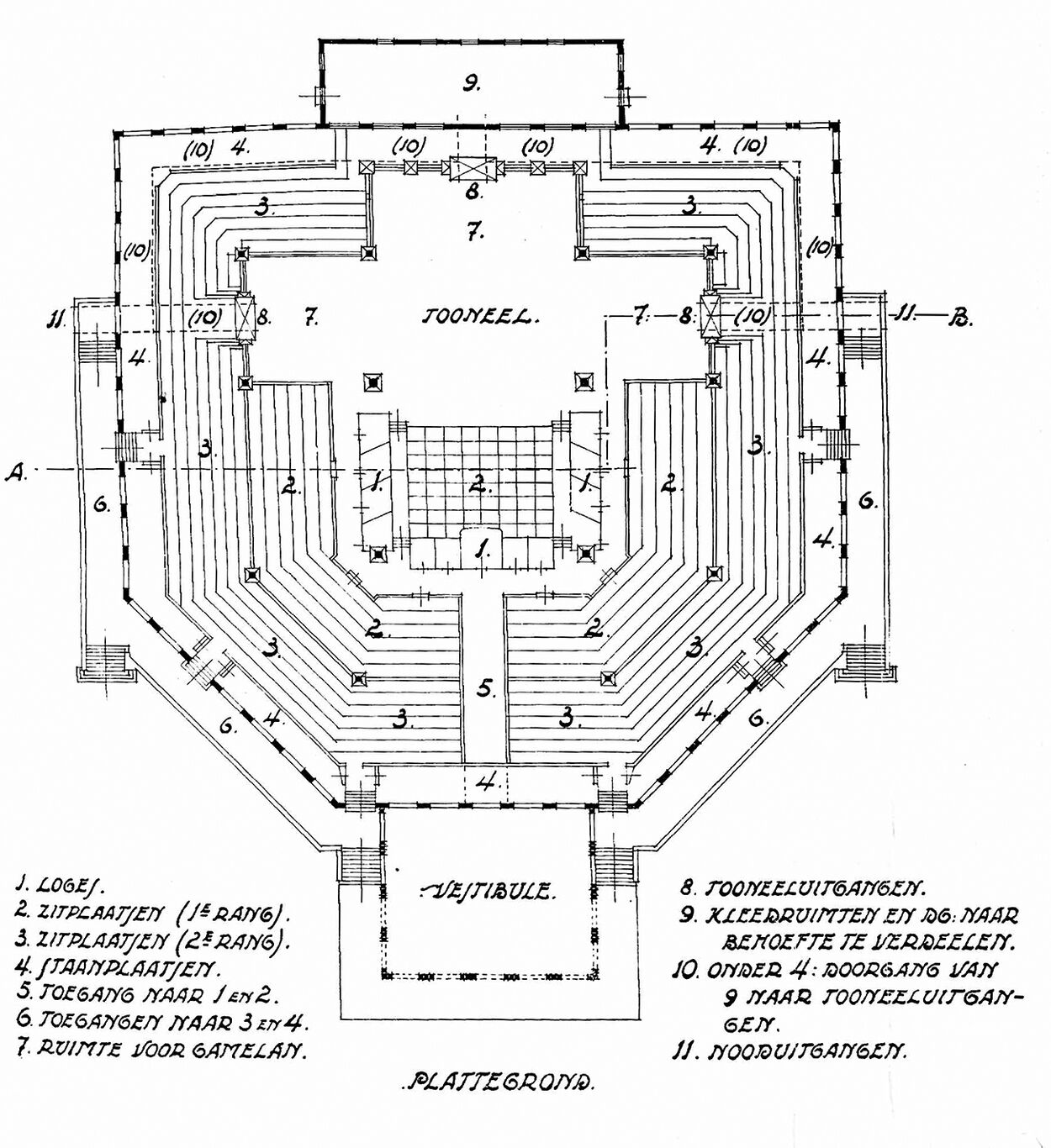 The conceptual plan and the section of the Sobokarti Theatre. Source: Herman Thomas Karsten, “Van Pendopo Naar Volksschouwburg,” Djawa, no. 1 (January–April 1921): 21–9.