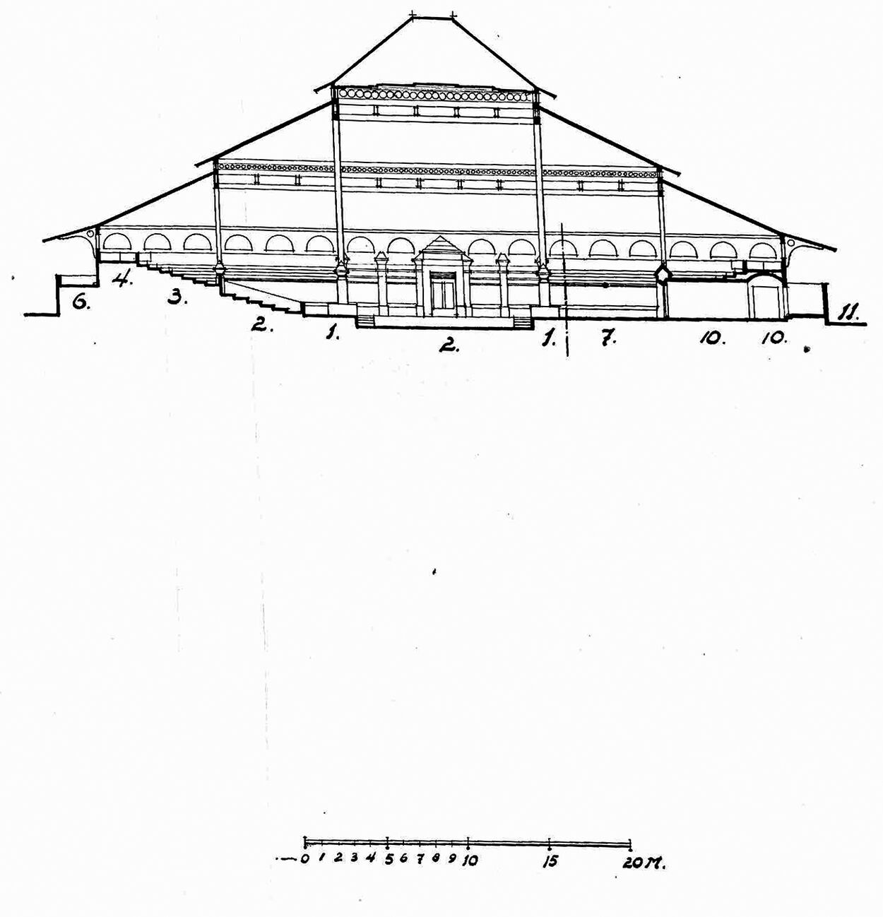 The conceptual plan and the section of the Sobokarti Theatre. Source: Herman Thomas Karsten, “Van Pendopo Naar Volksschouwburg,” Djawa, no. 1 (January–April 1921): 21–9.