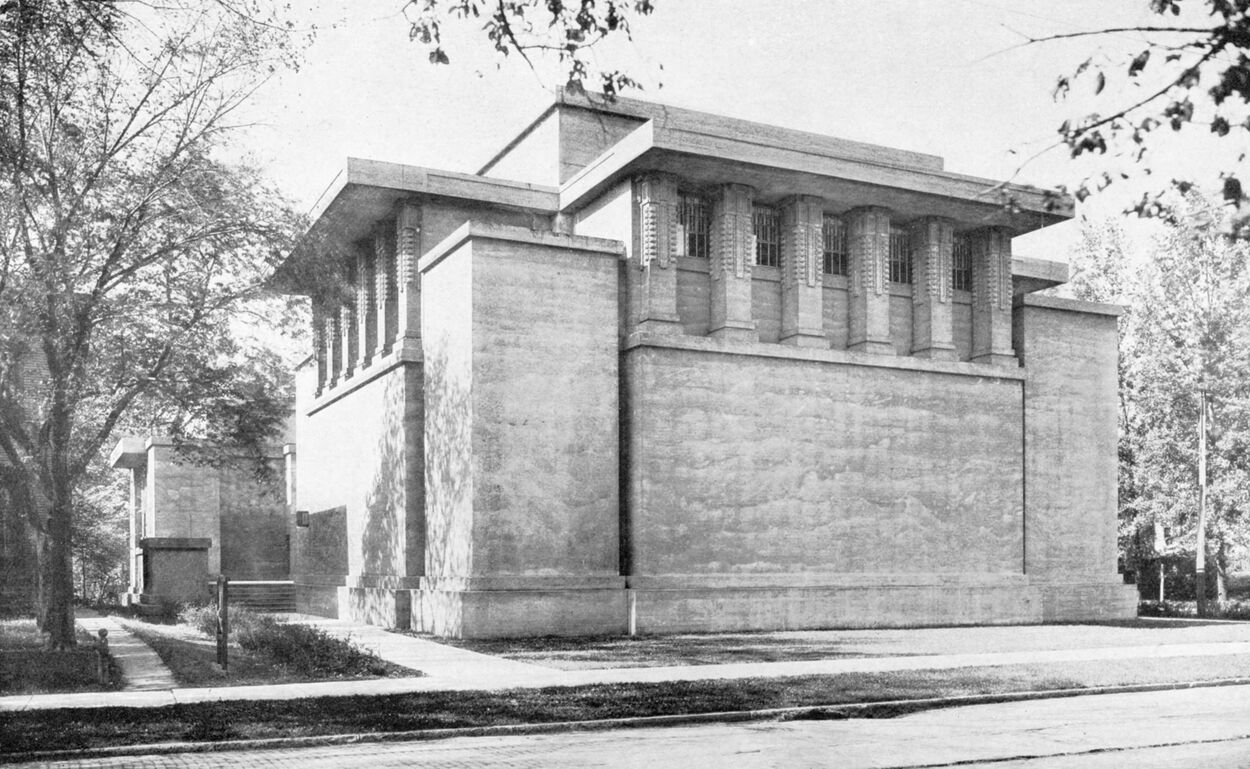 Exterior of Unity Temple, Oak Park, Illinois, 1906, Frank Lloyd Wright, architect. Period photograph from 1908, copyright by FLW Archives.
