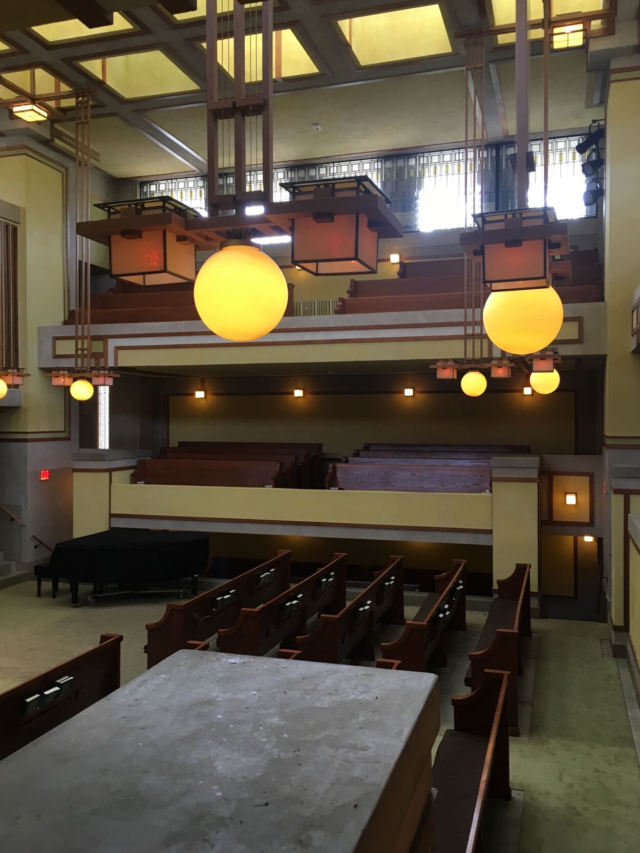 Interior of Unity Temple, Frank Lloyd Wright, architect. Photograph by author.