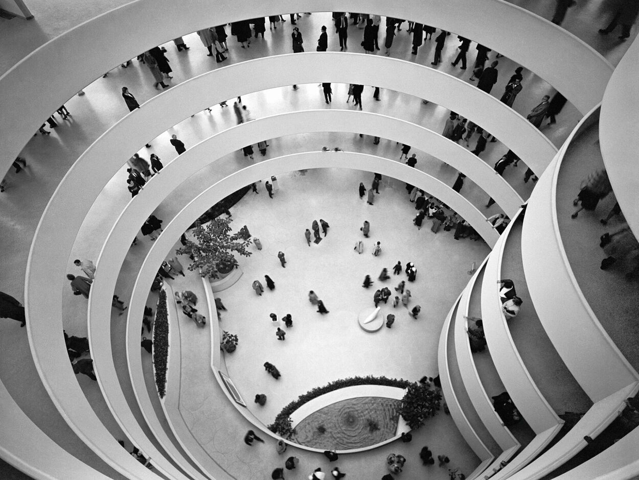 Interior of Guggenheim Museum, New York, New York, 1943-59, Frank Lloyd Wright, architect. Photo copyright FLW Archives.