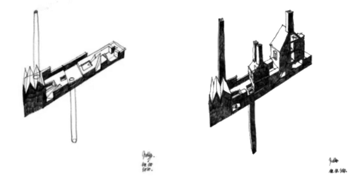 Van Den Berghe, drawings excavating the memory of the old home. Screenshots from a lecture at KU Leuven, 05.02.2016