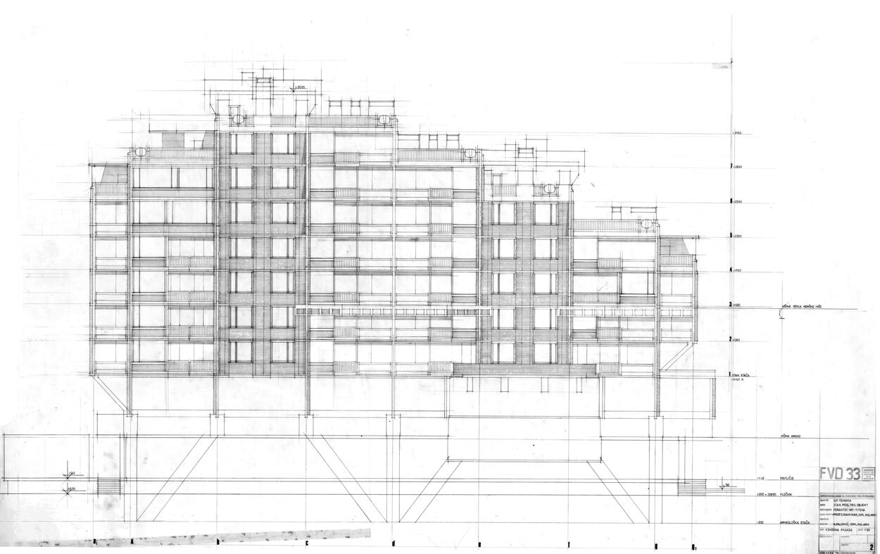 Edvard Ravnikar, Residential and commercial complex Ferantov vrt, 1964-1975, section. © Museum of Architecture and Design, Ljubljana