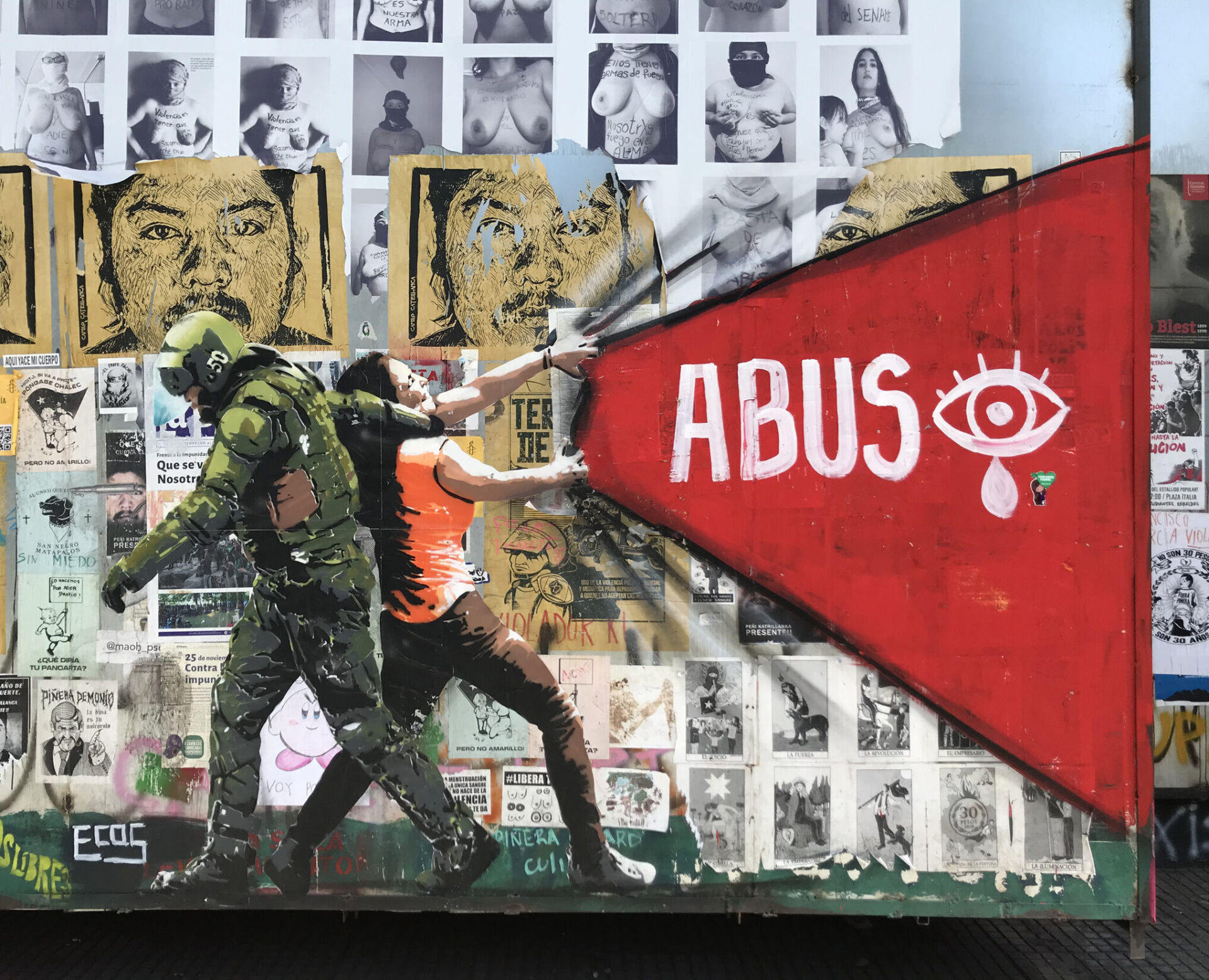Some of the protest images on the walls of the Gabriela Mistral Cultural Center in Santiago del Chile, December 2019. © Fabio Quici