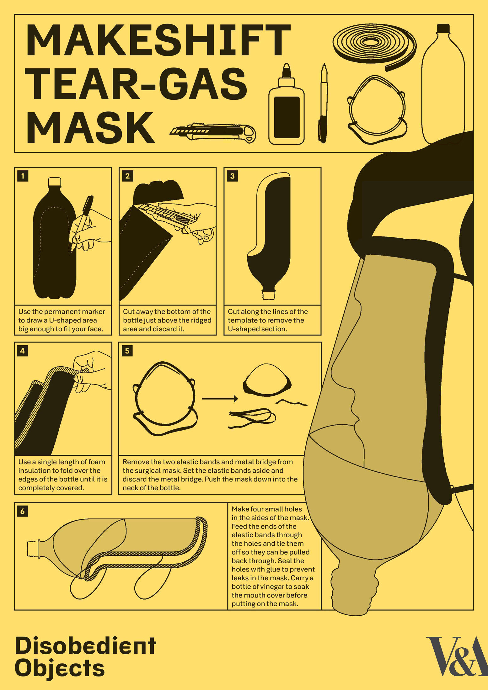 How to Guide: Makeshift Tear-Gas Mask. Illustrated by Marwan Kaabour, at Barnbrook; from Disobedient Objects exhibition, Victoria and Albert Museum, London, 2014.