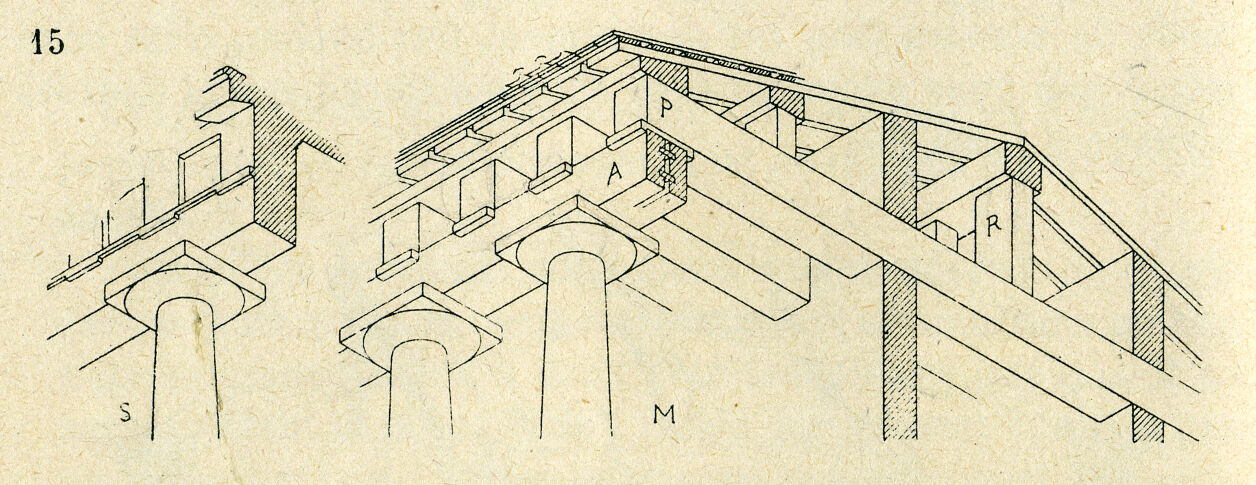 [a] The Municipality Building, Kranj, Miran Kambič
[b] The Municipality Building, under construction
[c] The Municipality Building, detail, photo Miran Kambič
[d] From Auguste Choisy. Historie de l‘ architecture. p. 280
[e] The Municipality Building, photo Janez Kališnik