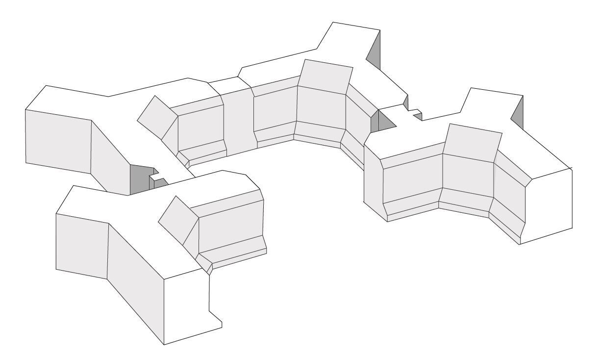 Left: Nauticon’s characteristic Y-shaped volumes forming inner courtyards that are facing towards the water basins of the harbour. © Magnus Baarup Noe, Carl Emil Haslev and Mads Christian Hvidberg. Right: Section of the building volume’s 5 floors, highlighting the two different facades and the row of columns © Mads Buus Sørensen and Sylvester Bajda.