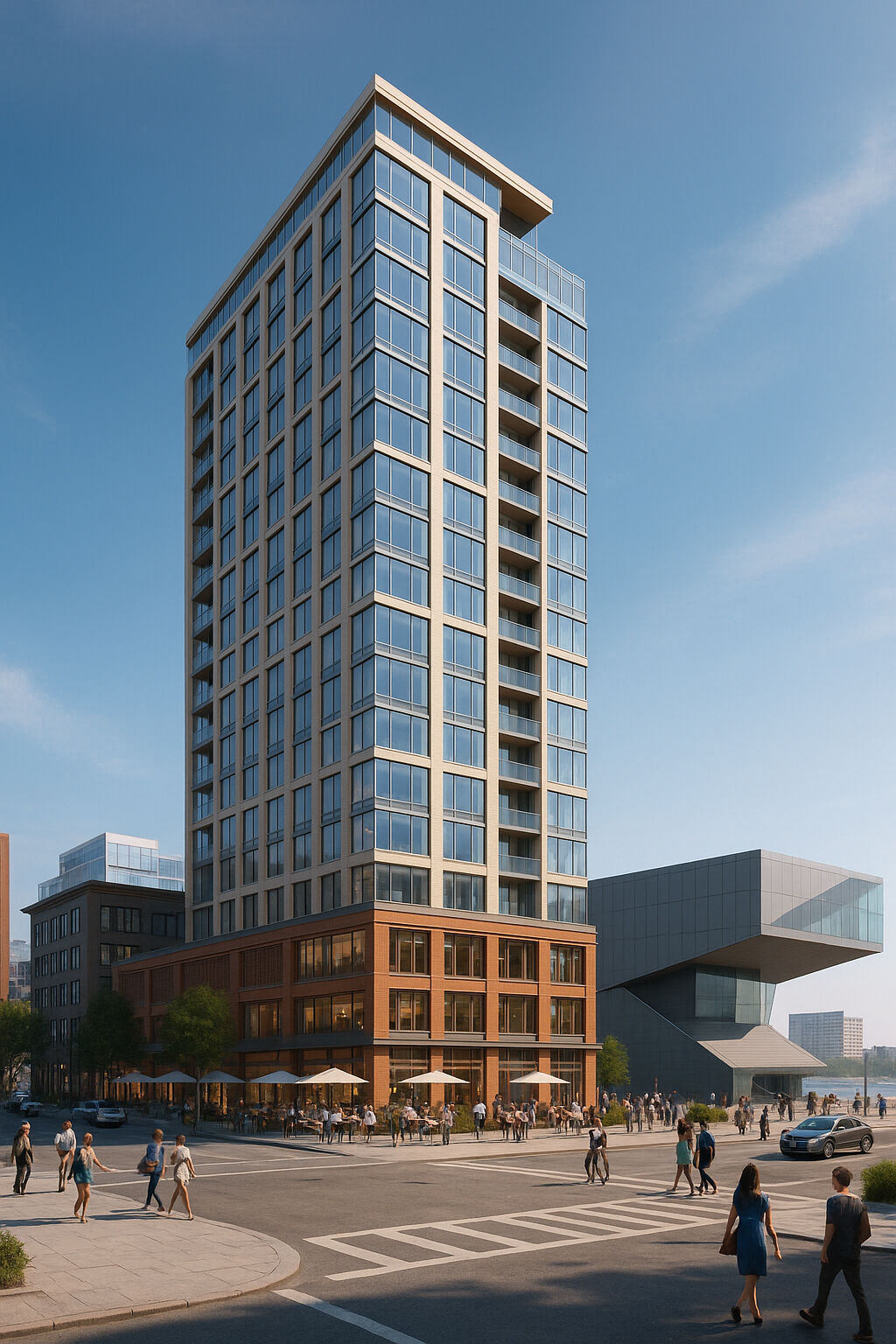 ChatGPT-generated Image. Prompt: Create a contemporary 20-story building in the seaport district of Boston next to the ICA museum with restaurants on the ground floor and apartments on upper floors. (https://chatgpt.com/share/68471ad5-0a7c-8004-93e8-2c573088a57a)
