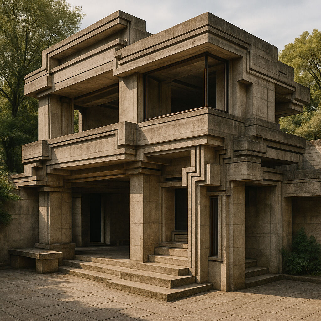 Chat GPT-generated Image 1/3.
Prompt 1: Produce an image of a 2-story building that is aware of tectonic conditions (structure, gravity etc.) and interprets the architecture of Carlo Scarpa.(https://chatgpt.com/share/68421aca-dc68-8004-ab14-02581aad33af)