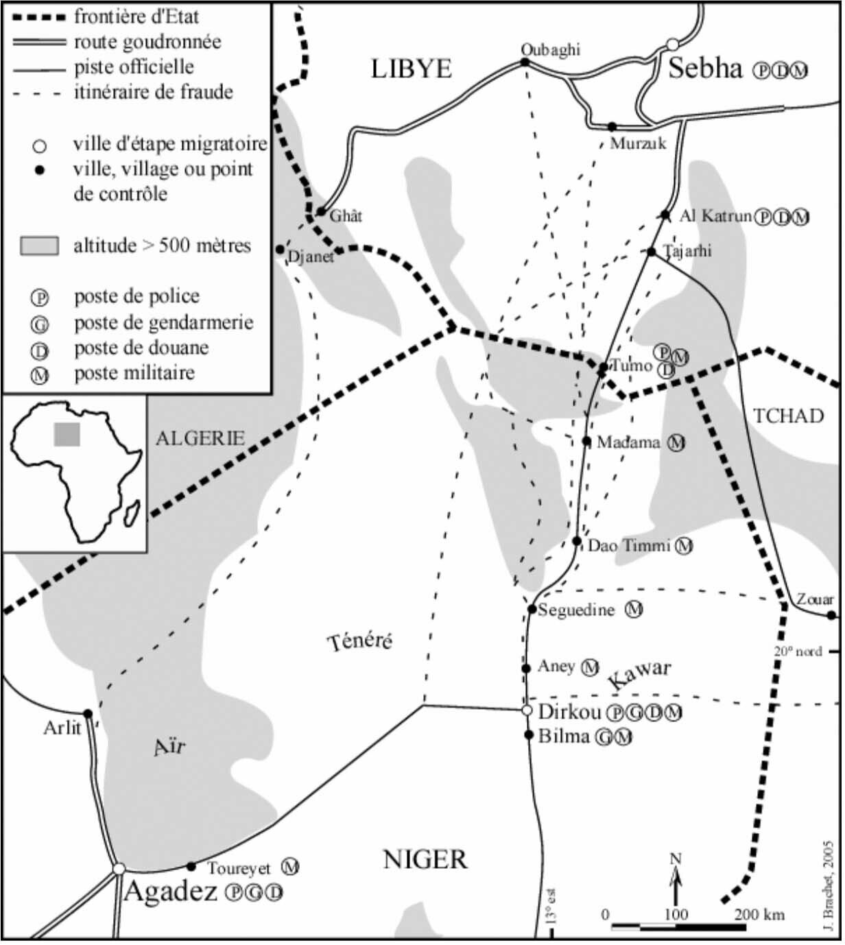 Agadez-Sebha, an itinerary under control, the itineraries without control’ in Brachet, Julien, Migrants, transporteurs et agents de l’État, rencontre sur l’axe Agadez-Sebha, Autrepart–revue de sciences sociales au Sud 36 (2005), 44. 