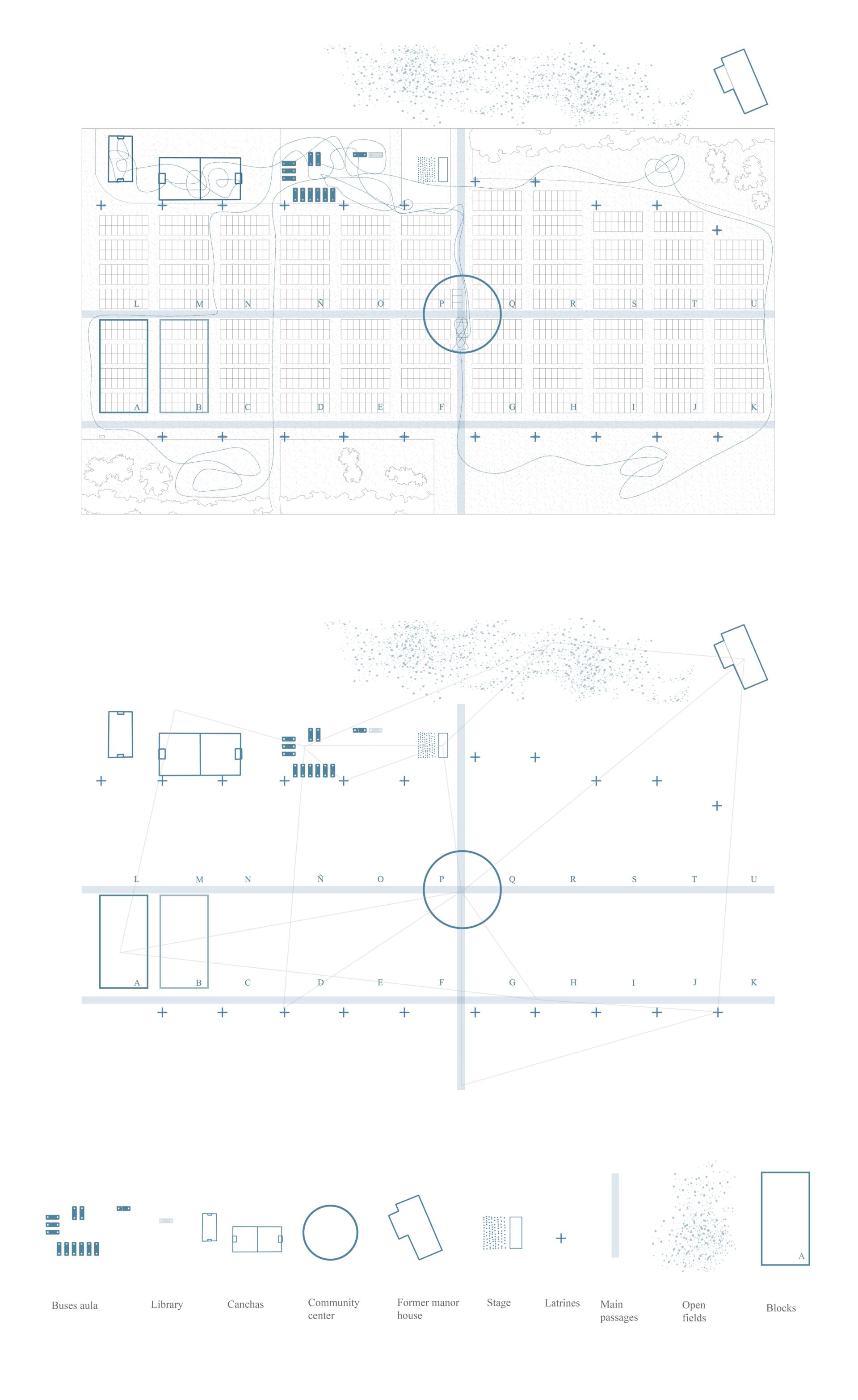 Bus-Aulas in their context. Buses-Aula / Canchas / Community Center/ Library / Stage/ Blocks / Passages / Toilets / Patronal Houses / Camp.