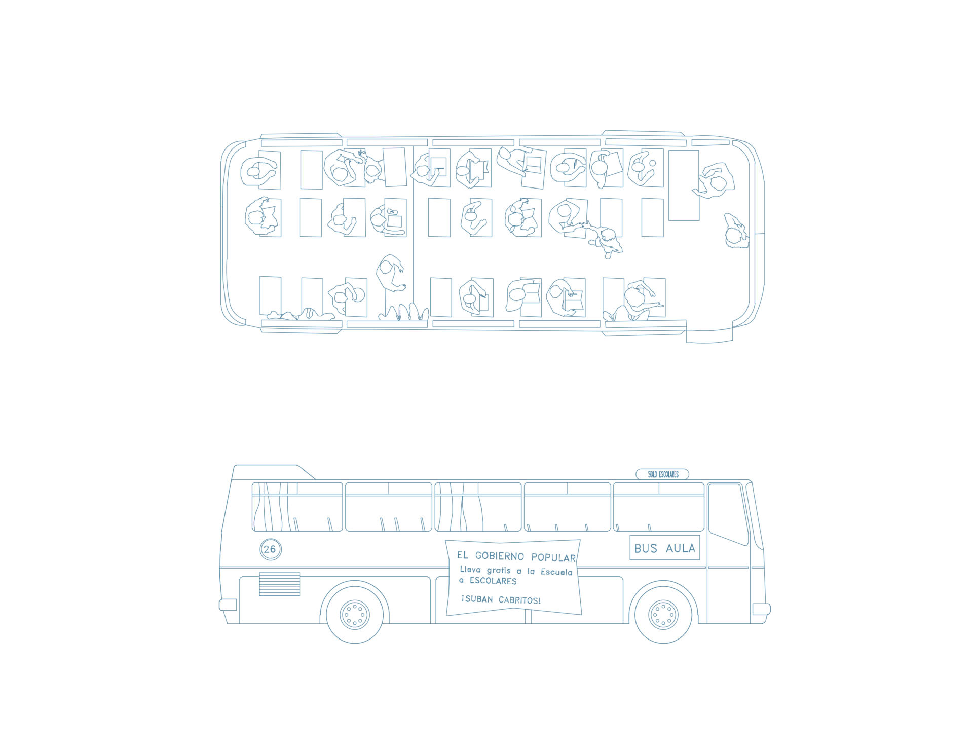 Drawing of one of the buses refurbished as classrooms based on photographs.