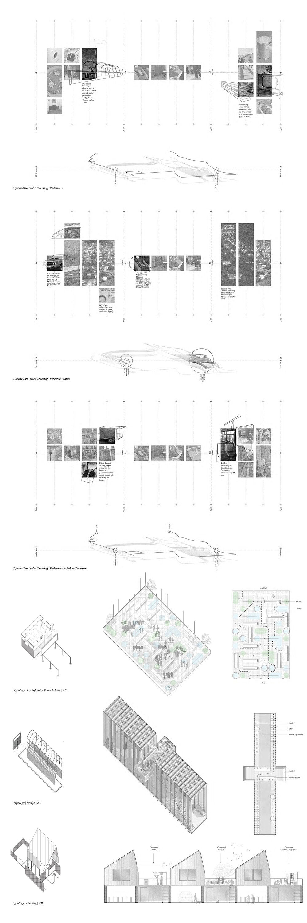 Students produced a series of tracings of trans-border commuters over time to identify spaces where the power dynamics of the border can be reversed. This study prompted Ribeiro to re-resign the Port of Entry Booth and the Crossing Enclosure for moments of congregation and gathering. Her work recognized that trans-border commuters could activate these constricting spaces to build solidarity and community. These proposals added timber to the port of entry’s palette to address the pollution produced by mass volumes of idle vehicles waiting to cross the border. The long commute times at the border were further addressed in redesigning the Typical Single-Family Home, where a shear between levels uncovered spaces that allowed residents to share domestic activities that are often too difficult to manage or complete for trans-border populations. (Research and Drawings by Natasha Ribeiro)