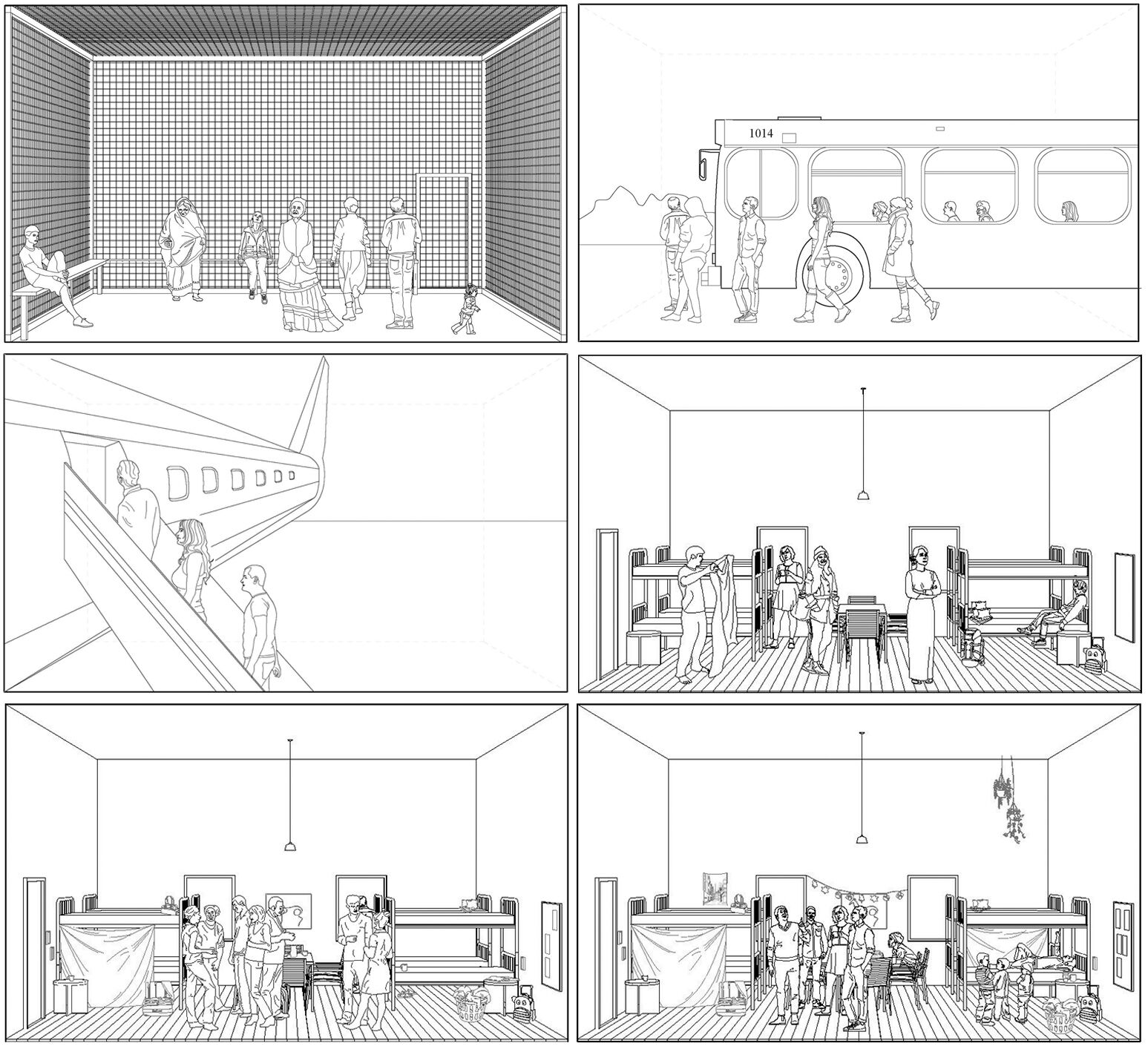 This drawing series follows the spatial experience of deportees following ICE raids and arrests. Beginning with cage-like facilities in Aurora, Colorado, then traveling by bus to Florence, Arizona, where groups board a plane to Central and South American countries like Mexico, Honduras, and Guatemala. Once arriving, deportees are permitted to stay in a facility for several days while they find work and residence. Through his drawings, Romero highlights furniture arrangements and alternative enclosures that limit the latent solidarity among them. (Research and Drawings by Nicholas Romero)