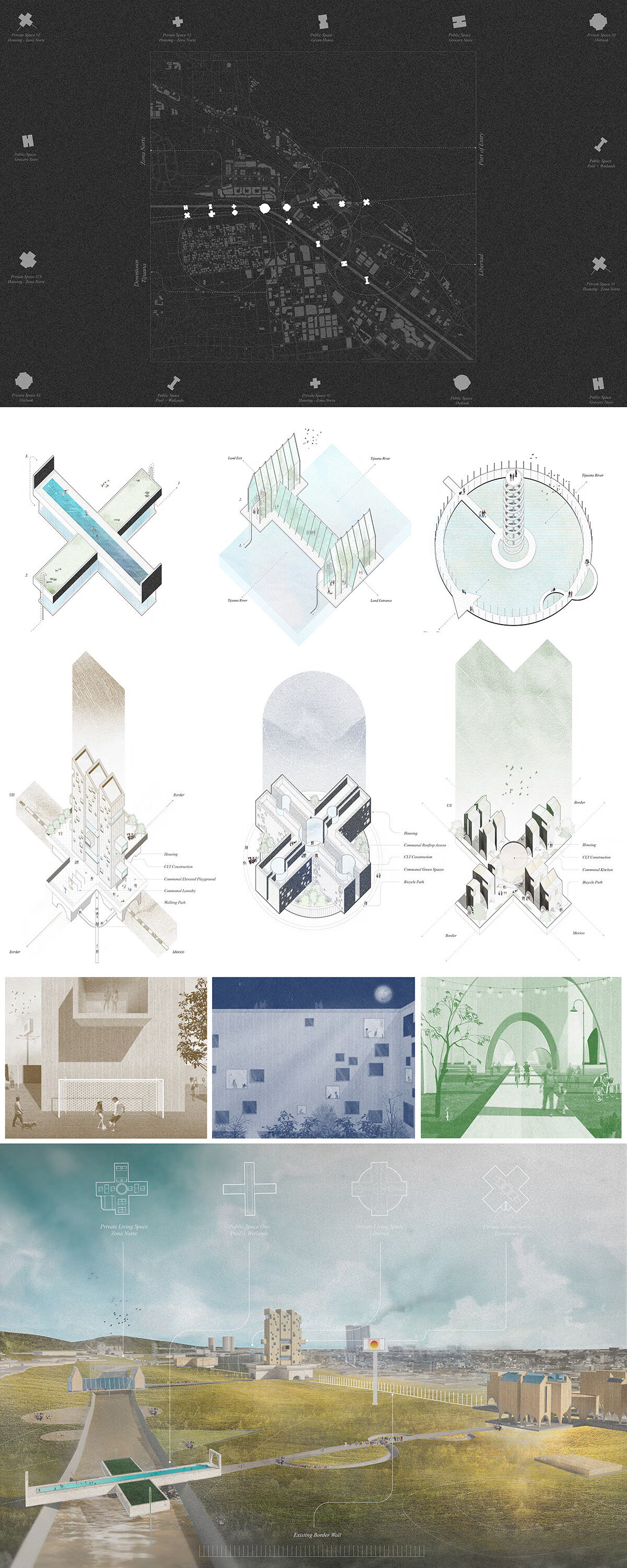 While the Mexico-US Border boundary is often seen as a transient, this project proposes new mixed typologies that draw and neutralize the political, economic, and ecological edges that make up the border. Ribeiro continued to seek ways in which the border’s long commute times could be addressed, which led to proposals for mixed-use housing that also engaged the region’s diminishing environment and ecologies. The form of her project was shaped by the many intersections that a border has but has yet to materialize. (Design Work by Natasha Ribeiro)