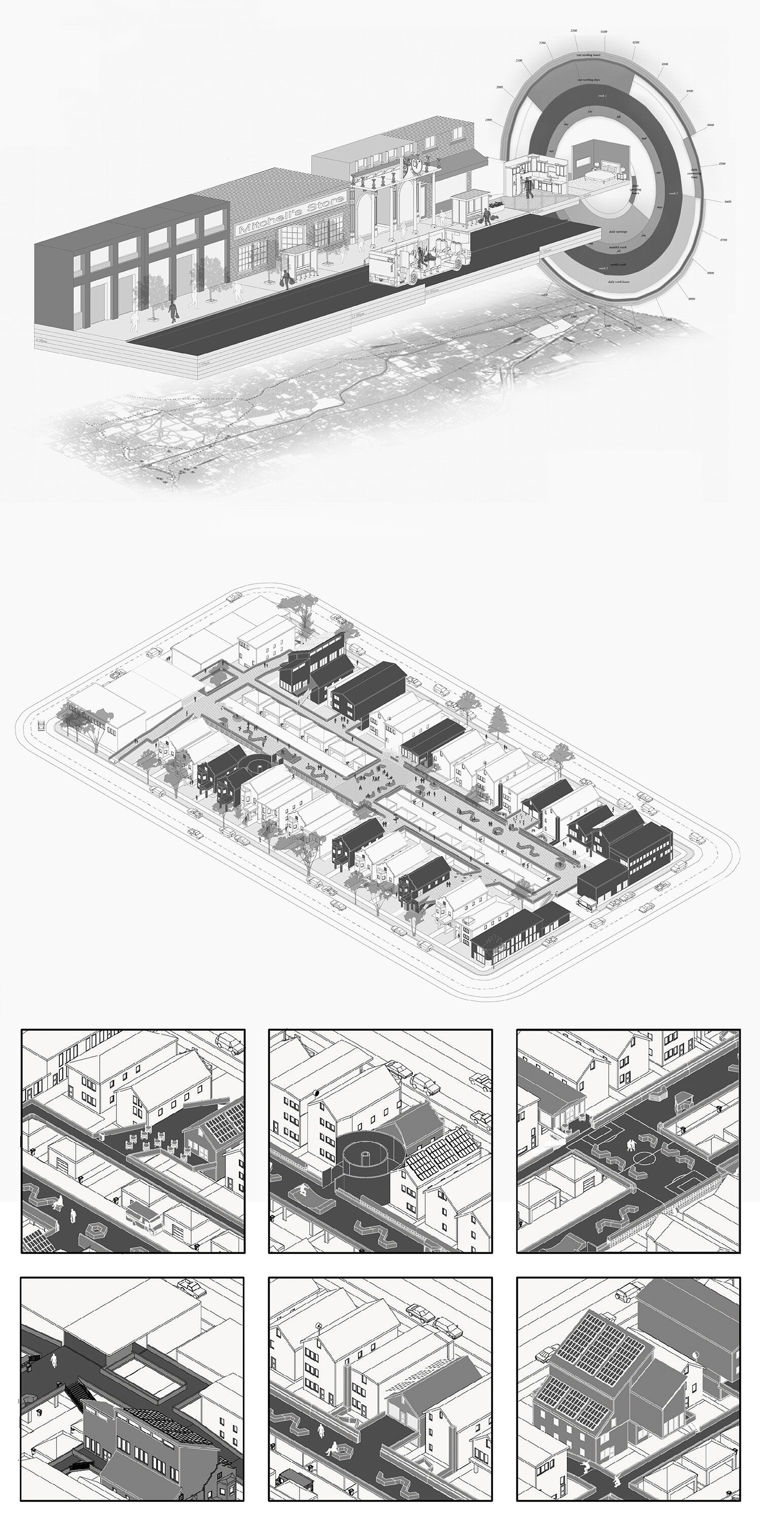 Starting with a mapping that traces an immigrant laborer traveling to Chicago for work from the surrounding suburbs, Blair developed an overlaid drawing that threaded the spaces they activate over time. This study led to a scheme that situated a network of semi-public spaces in a typical city block where this population can work, live, and gather within or nested between private property boundaries. (Design Work by Njia Blair)