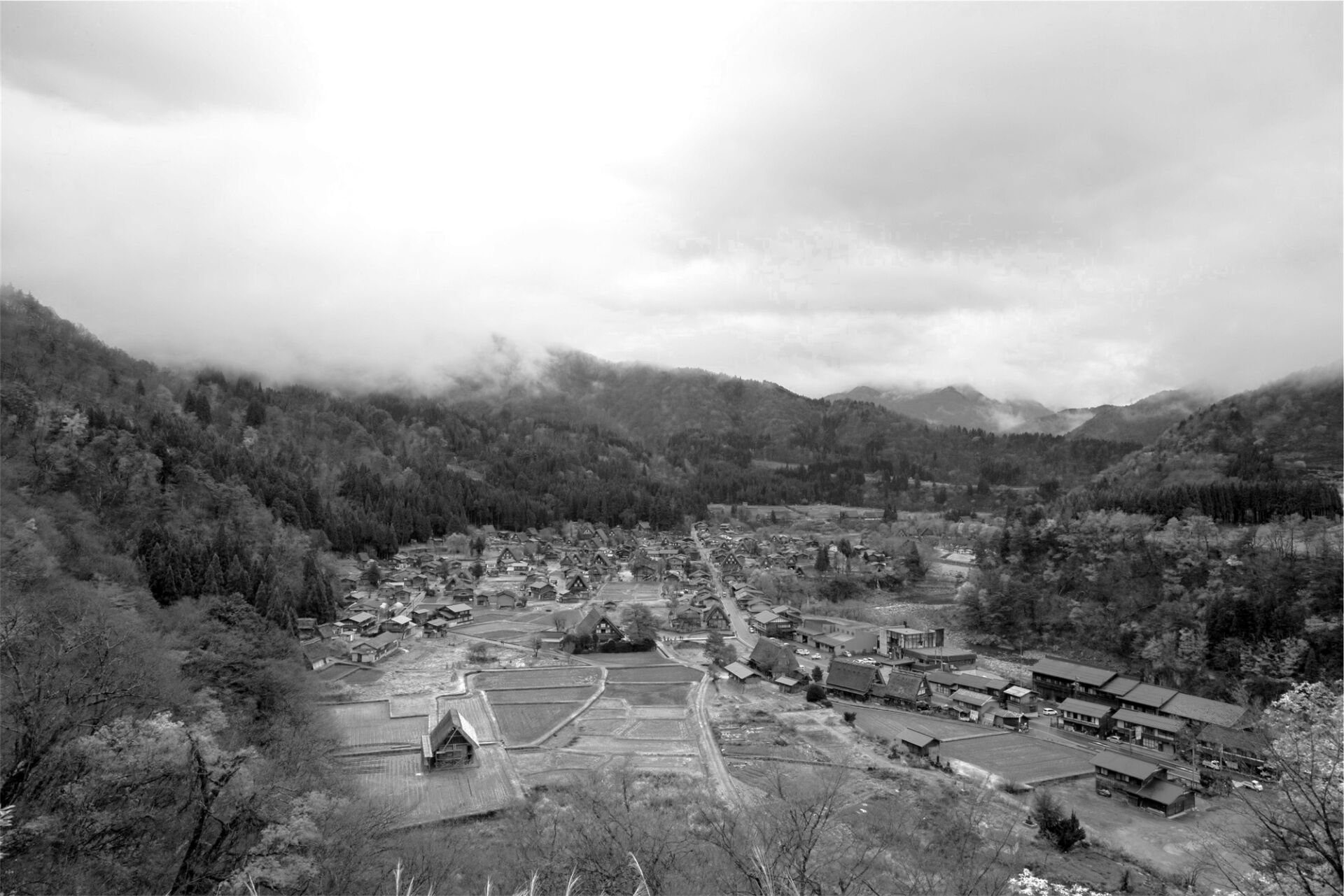 
Japanese Agrarian Village—Shirakawago Village with its main axis running North-South