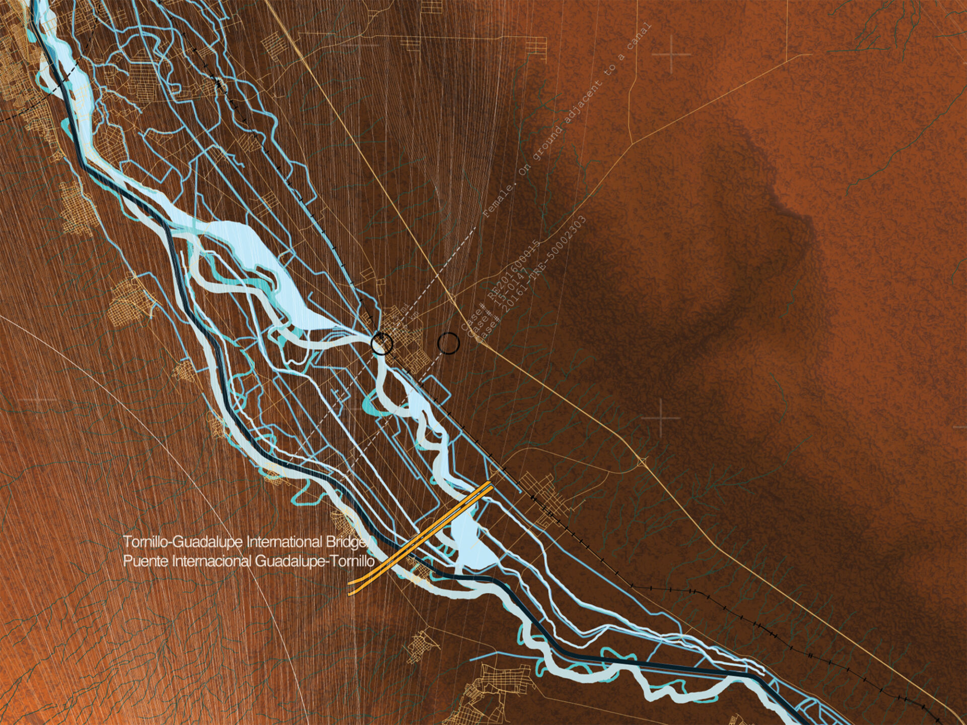 Rio meander detail at Tornilla-Guadalupe International Bridge, Southeast of Ciudad Juarez/El Paso.
