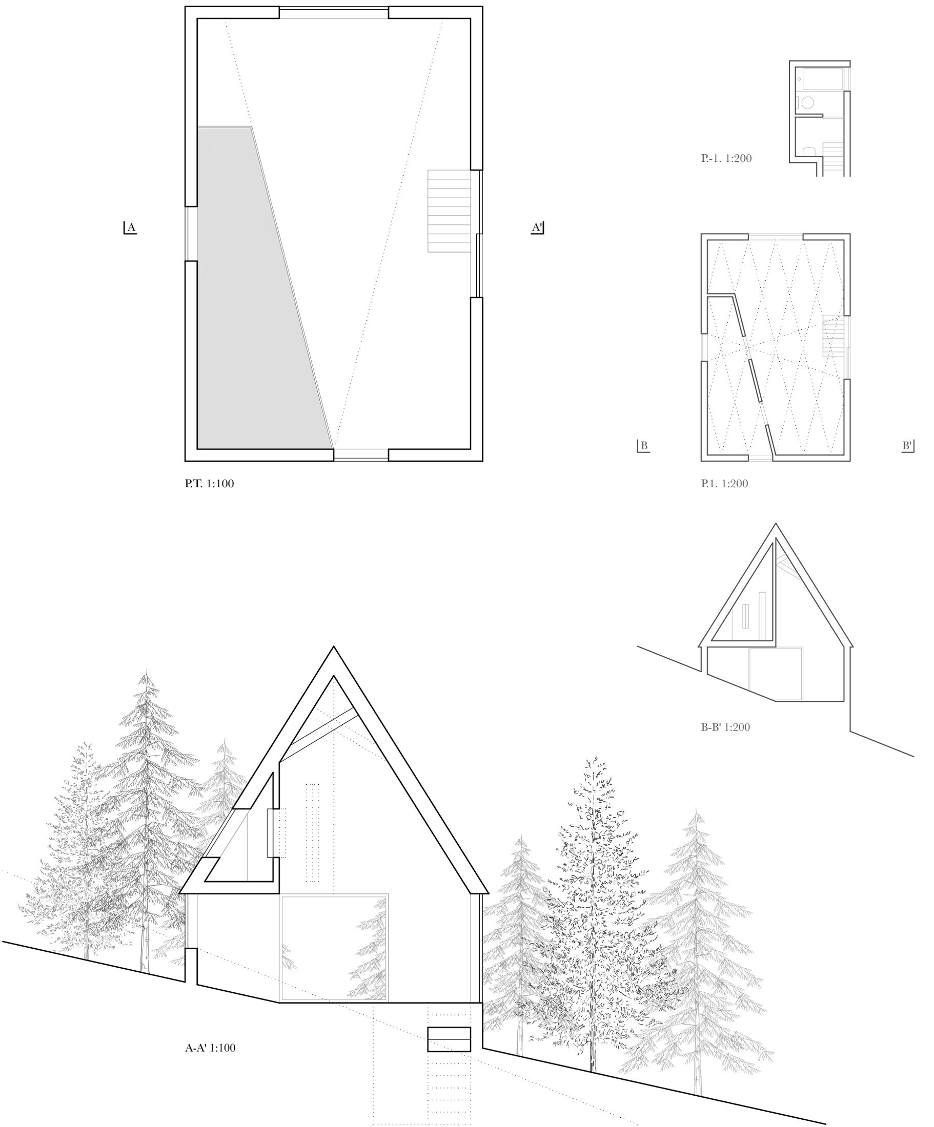 House in Tateshina, floor plan and section.