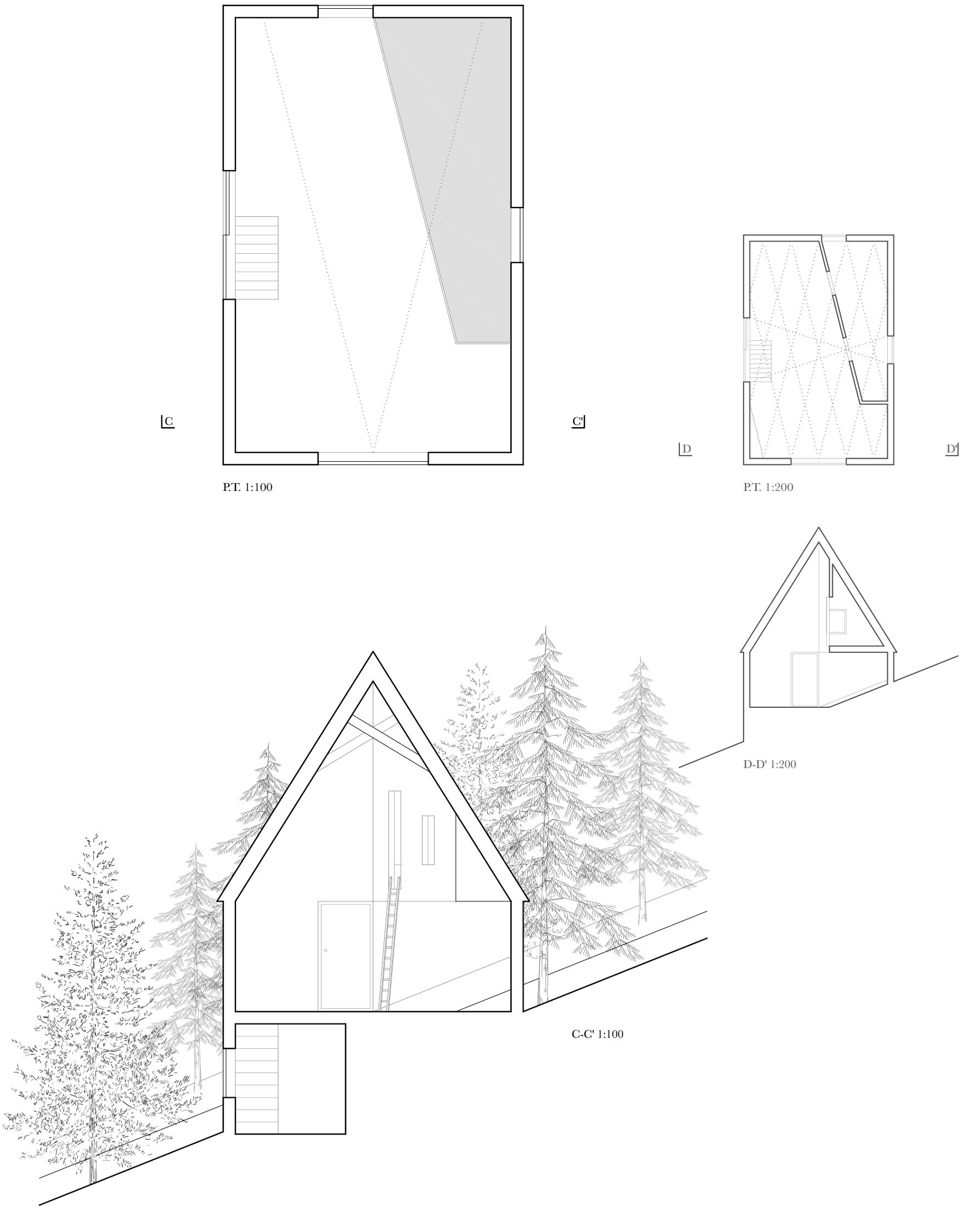 House in Tateshina, floor plan and section.