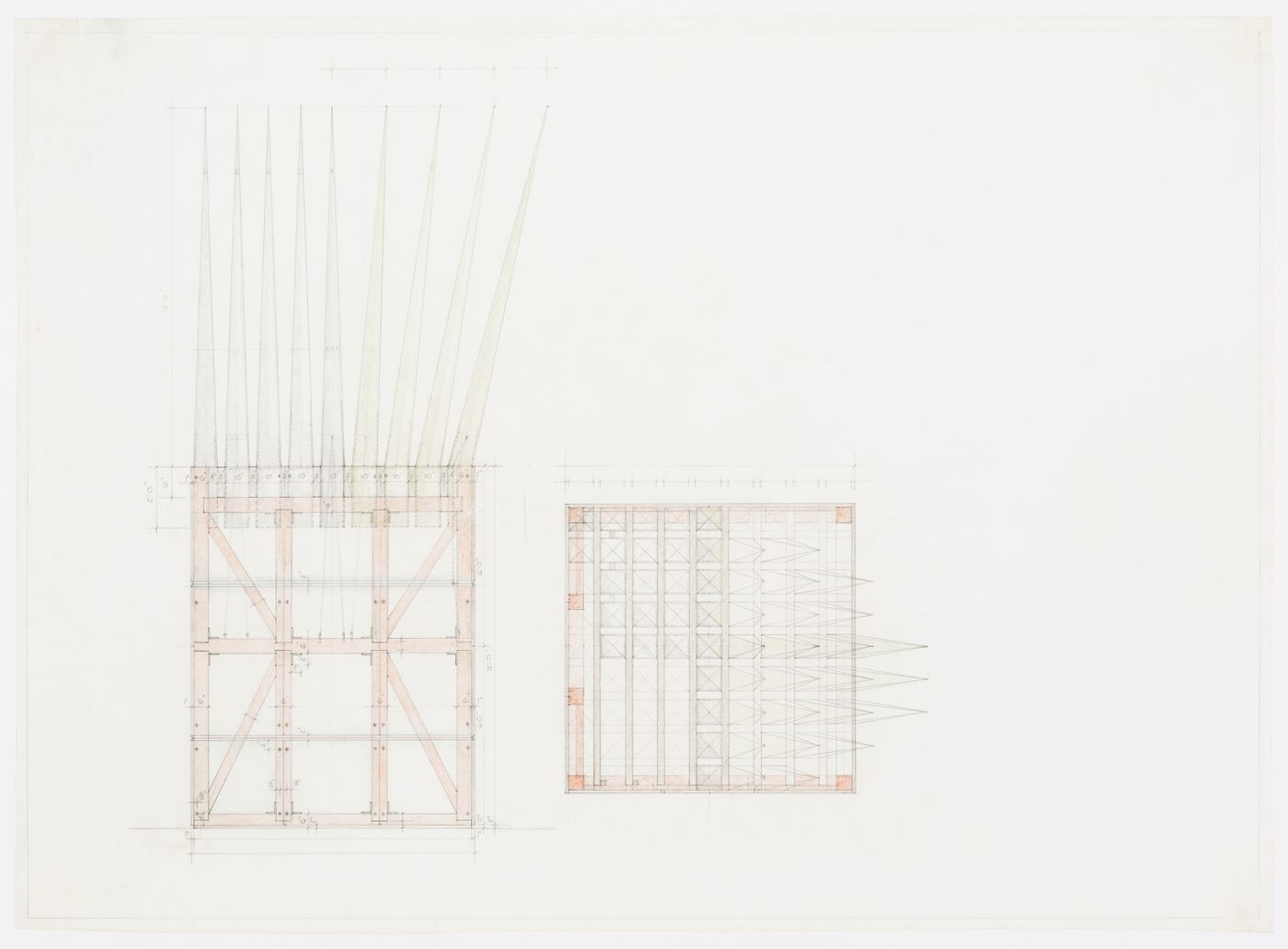 John Hejduk, Lancaster/Hanover Masque: Elevation and plan for The House of the Suicide (1979-1983), Pencil and colored pencil on vellum, 59 x 81 cm, Canadian Centre for Architecture