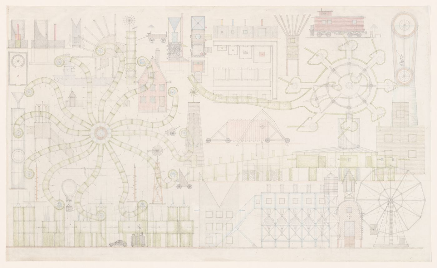 John Hejduk, Lancaster/Hanover Masque: Presentation drawing for the Lancaster/Hanover Masque (1980-1982), Pencil and colored pencil on vellum, 106.9 x 170.1 cm, Canadian Centre for Architecture