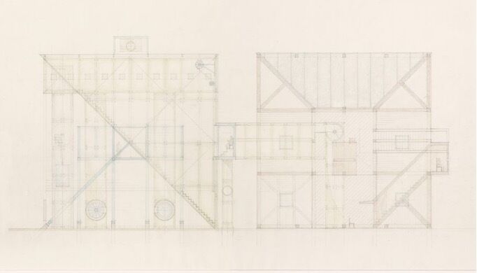 John Hejduk, Lancaster/Hanover Masque: Court House and Prison House (1980-1982), Pencil and colored pencil on vellum, detail, Canadian Centre for Architecture