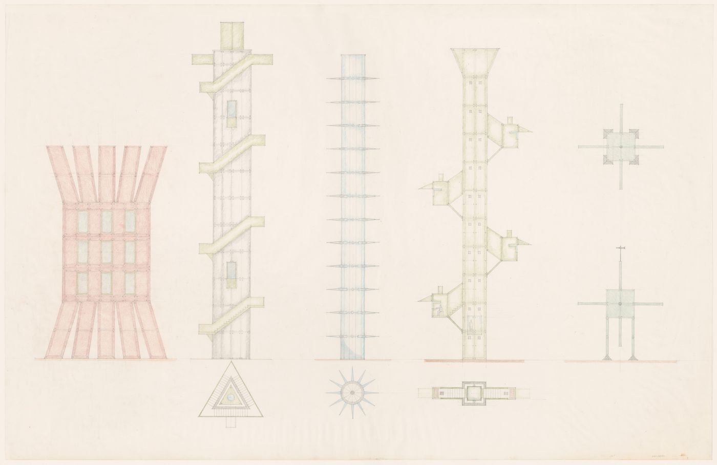 John Hejduk, Lancaster/Hanover Masque: Retired General's House, Retired General's Place and Tower Hill (1980-82), Pencil and colored pencil on vellum, 86.4 x 137.1 cm, Canadian Centre for Architectur