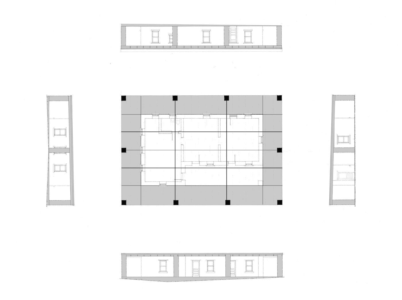 
San Antonio cabin plan and elevations. Judd’s modifications are highlighted. The grid expresses the primary underlying proportional skeleton. Drawings by the author from measurements taken on site. ©Judith Birdsong, 2017