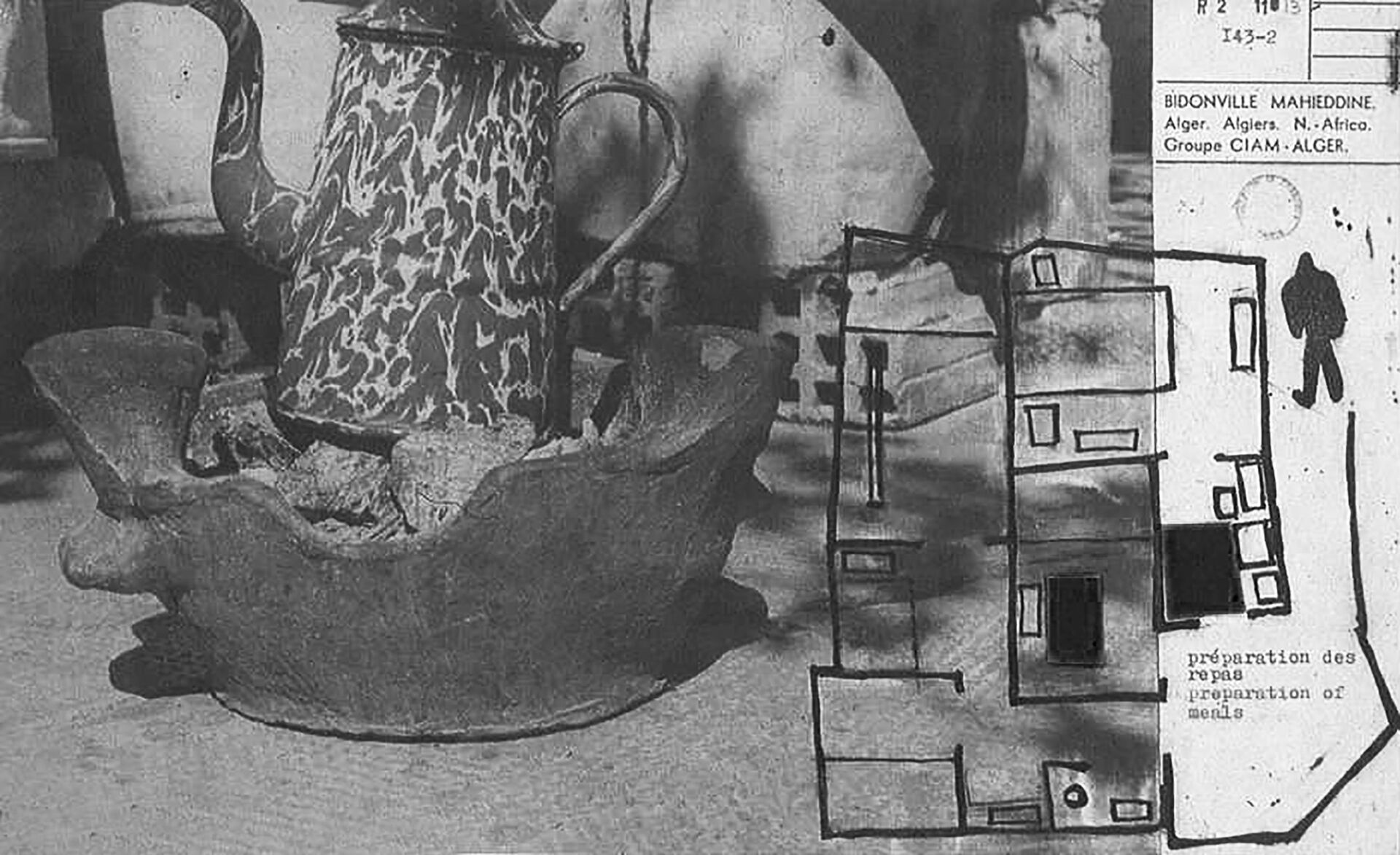 CIAM Algers Group, Grid panel for CIAM IX meeting at Aix-en-Provence, July 1953. ‘La Charte de l’ Habitat’, was the theme of the meeting, and the rhetoric and iconography are indicative of the desire to reframe the question of dwelling in new terms and produce a corollary to ‘La Charte d’ Athenes’ (1943).	
(Re-published in Eric Mumford, The CIAM Discourse on Urbanism 1928-1960, The MIT Press, 2000, p.230, and Jean Louis Cohen, Alger: Paysage Urbain et Architectures, 1800-2000, Editions de l’Imprimeur, 2003, p.201)