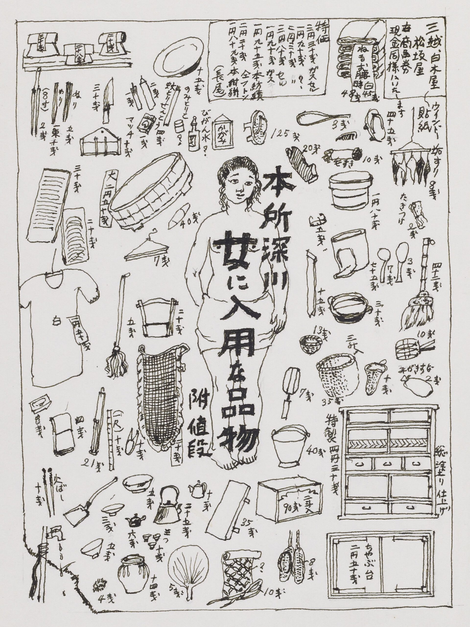 Wajiro Kon: Comprehensive illustration of items needed by a woman in Fukagawa, 1925.
Source: Kogakuin University