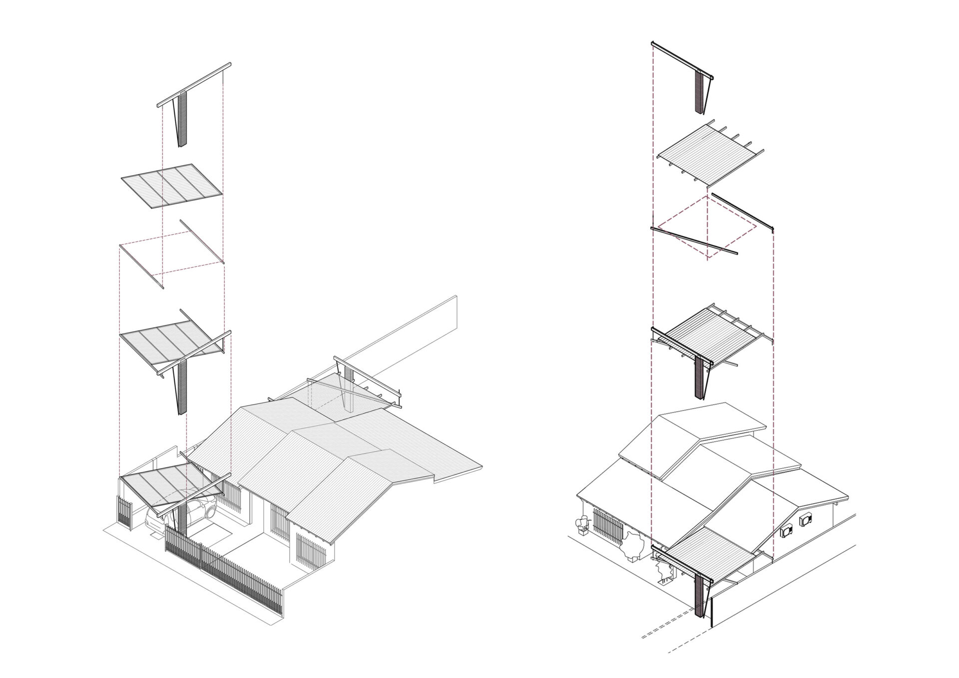 Drawings of Casa Yaraví project by OTRO showing the two new additions in the front and back of house. Drawing courtesy of Juan Pablo Berbery.