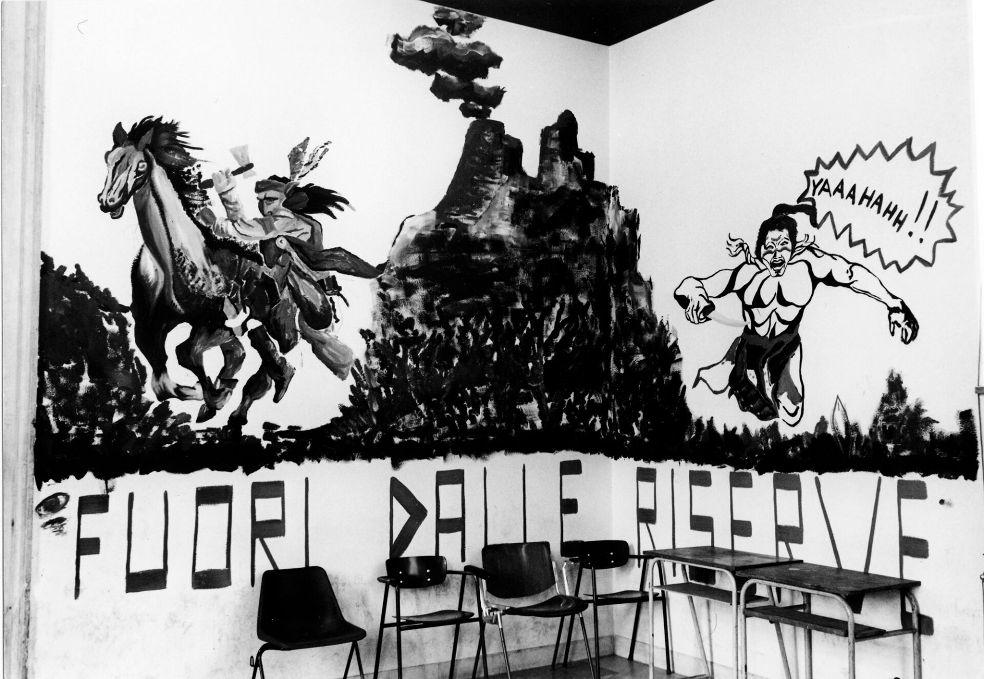 Mural by the Indiani Metropolitani at the Aula Magna in Tolentini (IUAV). Courtesy of Università Iuav di Venezia, Archivio Progetti SBD, Archivio iconografico Iuav. (next page also)